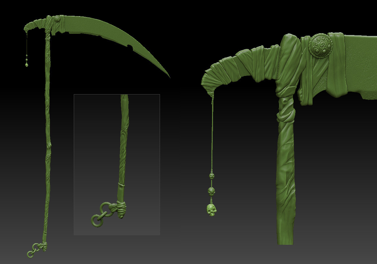 Old-fashioned magicians carry staffs while he carries a giant scythe. He can fight even when he's out of mana. He is smart, right, he doesn't just have air under his metal helmet...