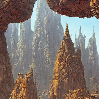 Michael rostenbach a beautiful illustration of a domed retro futuristic city of towers and walkways built across a massive bottomless canyon on a surreal alien world w 1216 n 4 i s 137348611 ts 1659896398 idx 1