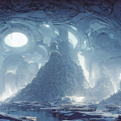 Michael rostenbach a beautiful illustration of a domed utopian retro futuristic city built in a massive ice cavern looking out to another world by robert mccall sp w 1216 n 4 i s 1763599490 ts 1659894342 idx 2