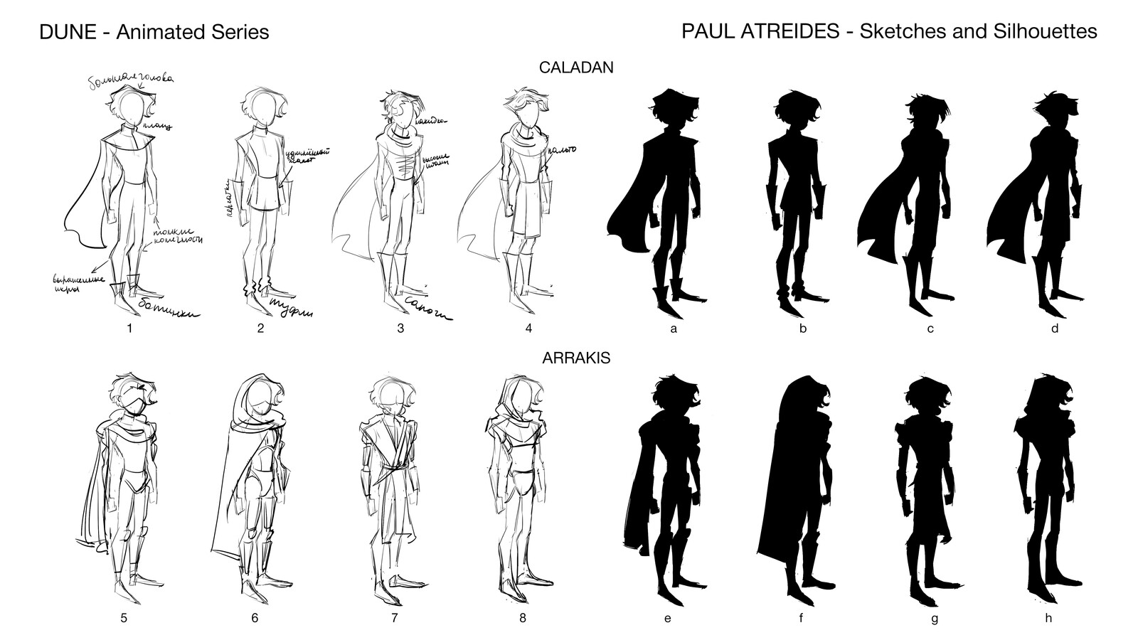 I drew thumbnails and silhouettes for the first read to see which general shape would look best. Since this character appears in two different environments, I am working on both appearances.