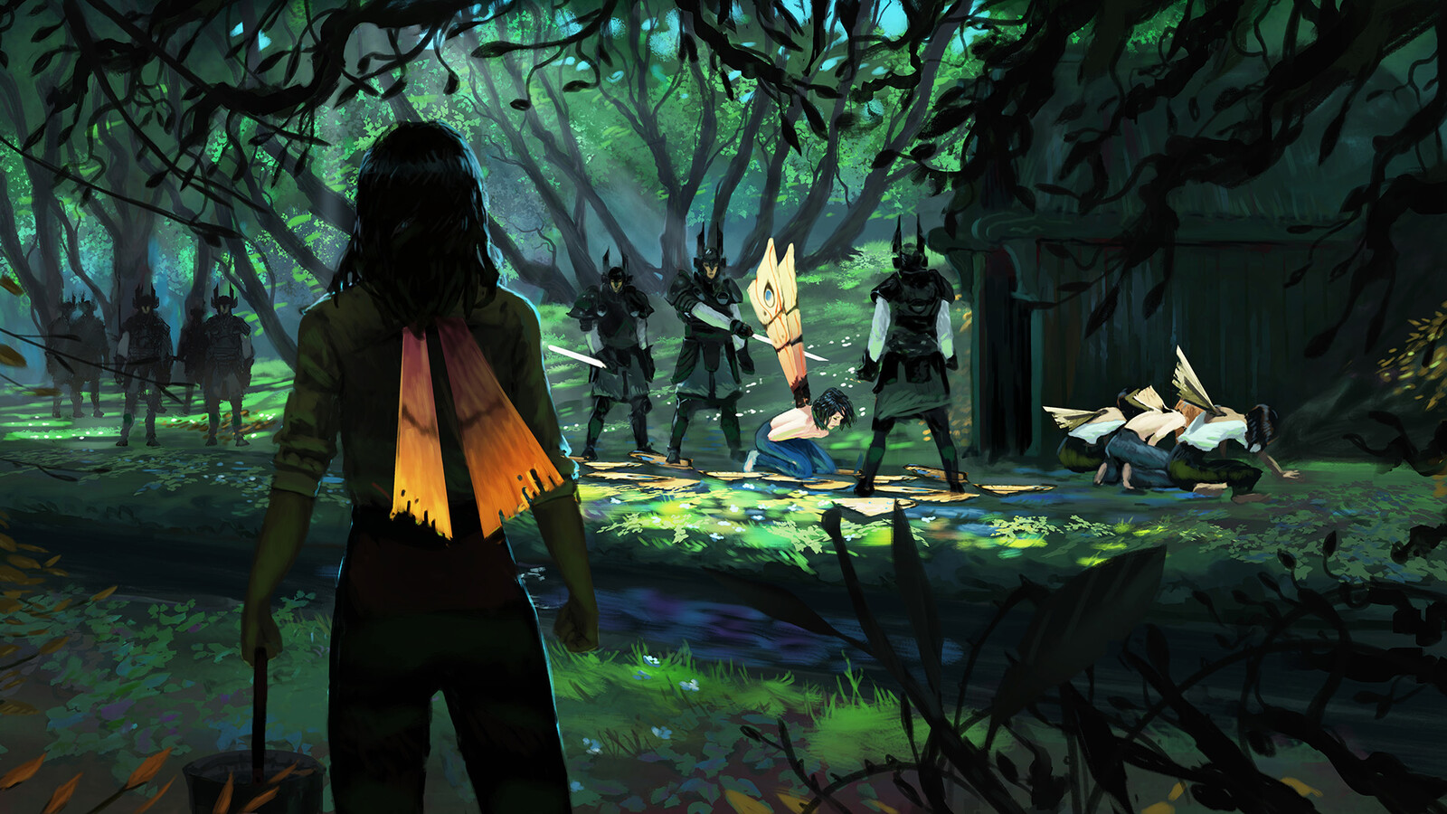 Keyframe 1: The people are persecuted by the invaders. An elf, also a victim in the past, witnesses the scene.