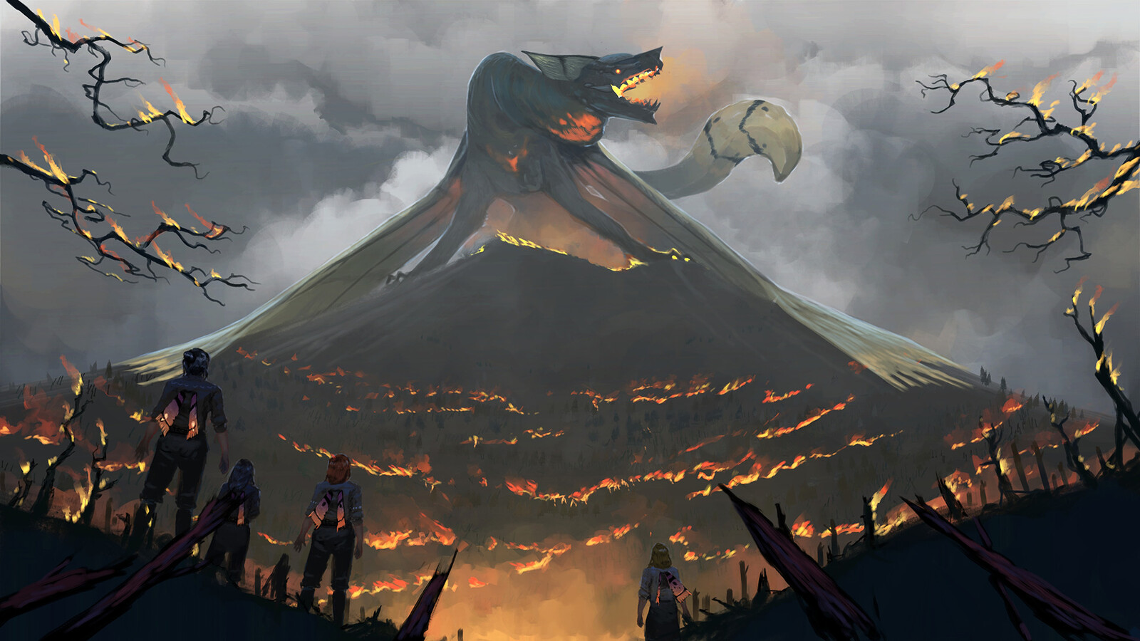 Keyframe 4: The dragon's wrath has grown into an uncontrollable beast, destroying its own people.
