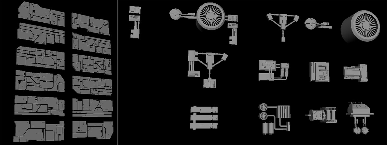 To add details on the surface, I modeled some kitbashes to apply everywhere in my final basis.