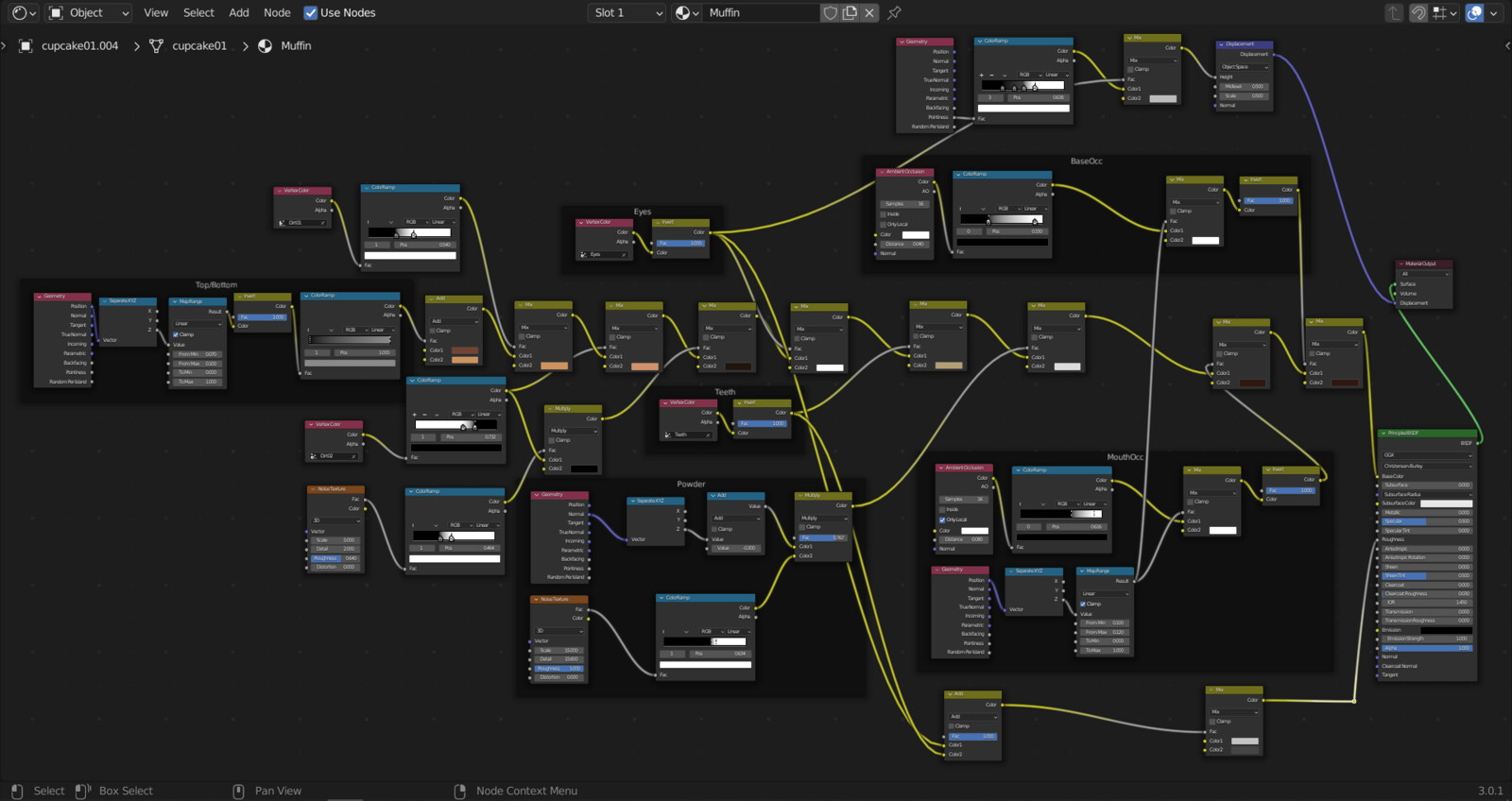 Node setup. I used vertex colors to mask certain areas and add variation to the material.