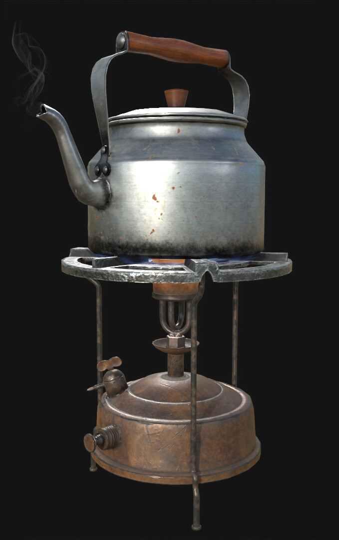 The authentic kitchen utensils. Vintage kettle and old kerosene
