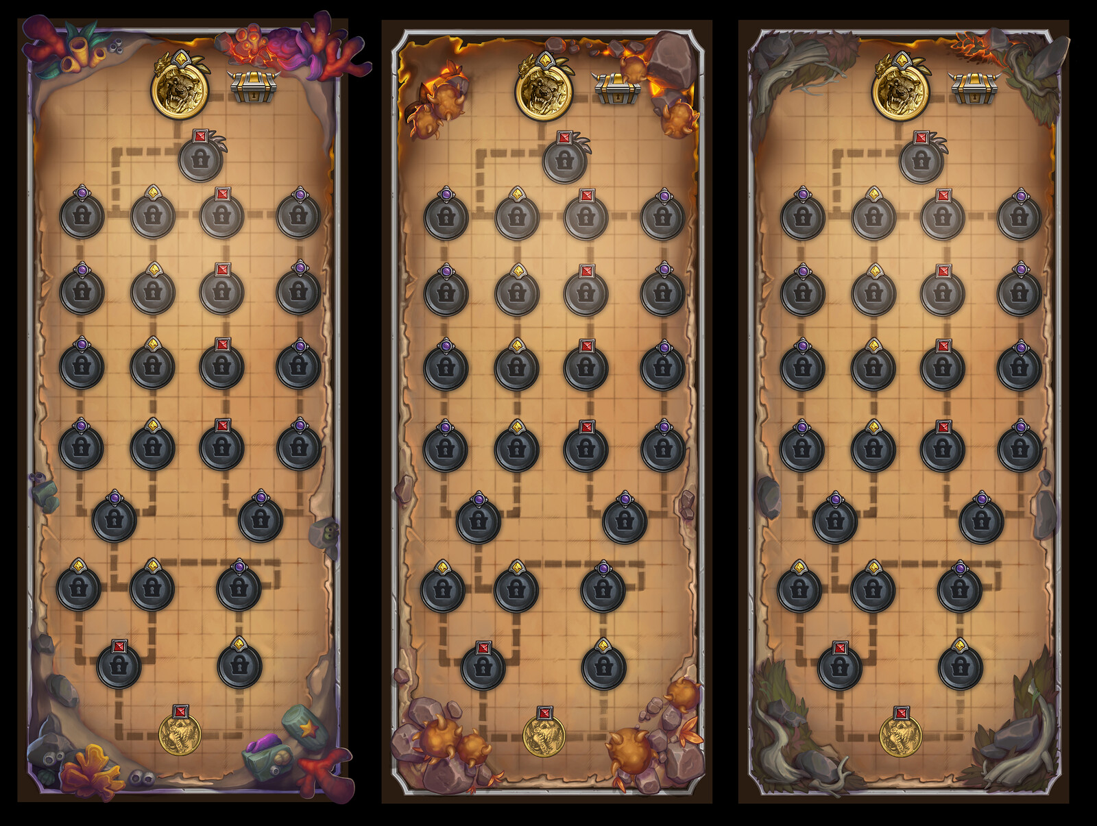 Mercenaries maps I painted up with Tiffany Chiu https://www.artstation.com/tiffachiu
She did the assets for the far right board but I composed and painted over to make work. The canter were Jay Axers rocks and my eggs. https://www.artstation.com/jayaxer