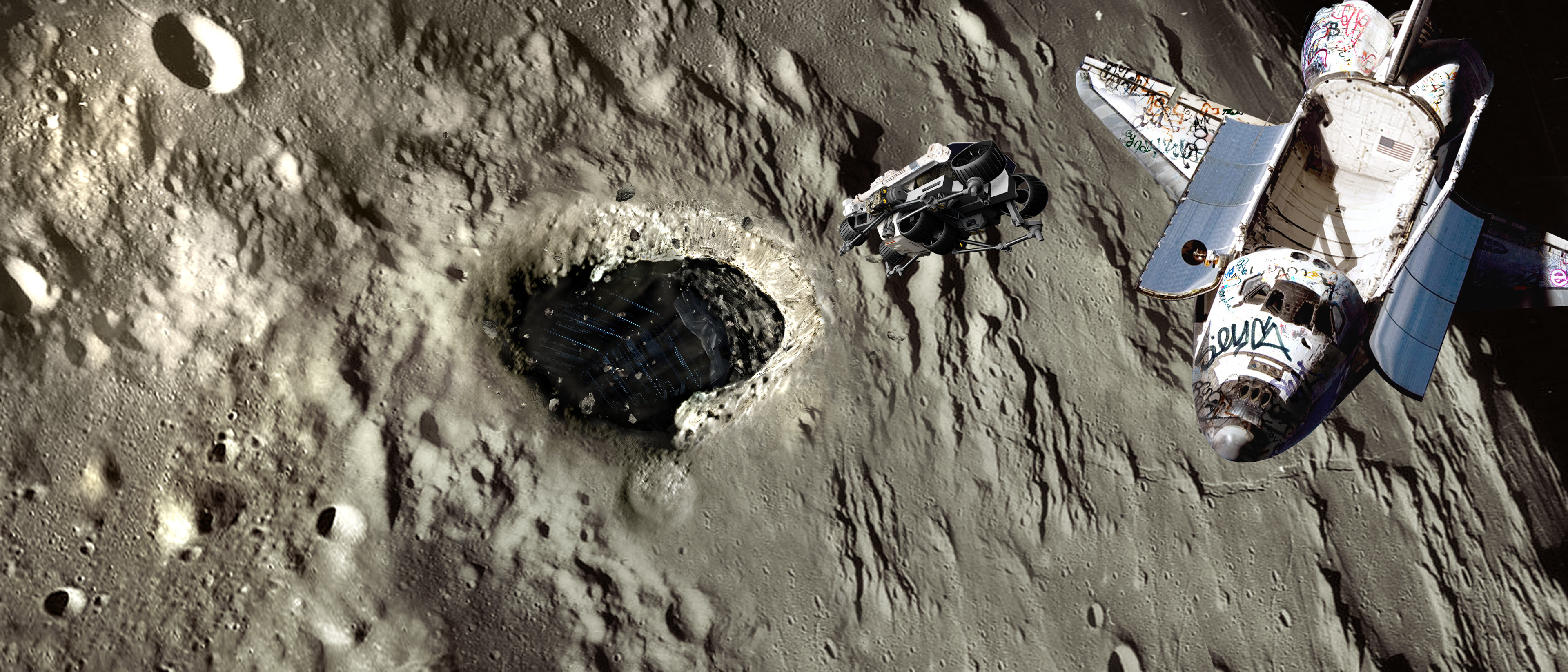 A later version of the moonlander entering a hole in our moon's surface.