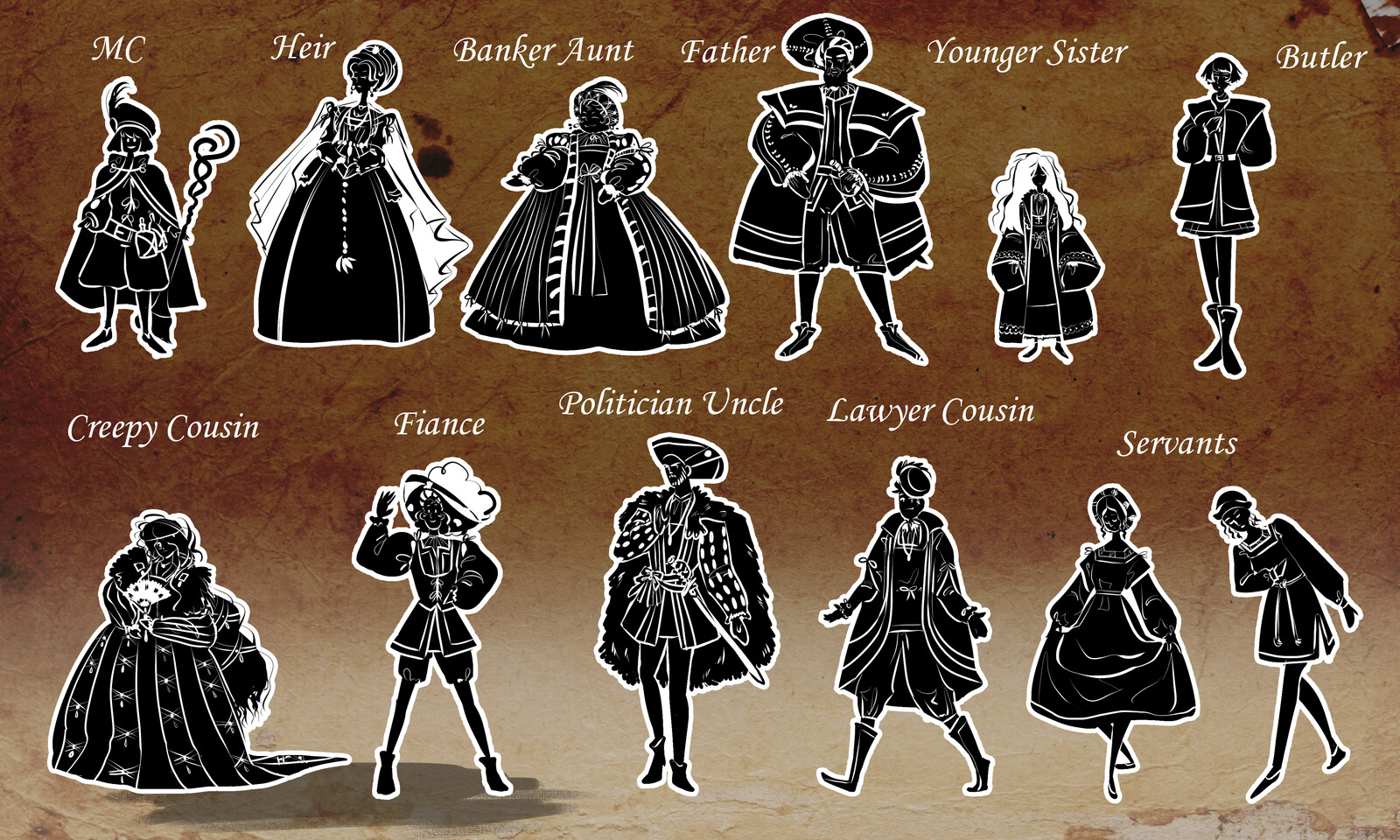 Initial silhouettes showing the line-up of  family members. MC (Piero) was significantly aged up since this initial sketch.