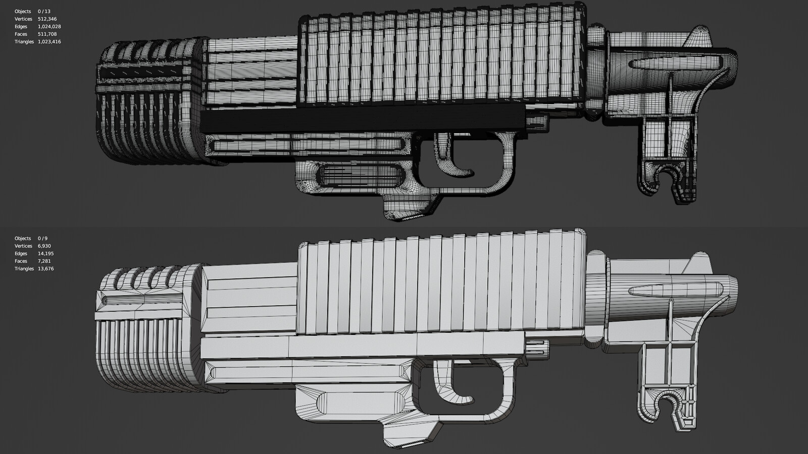 High res model created with subdivision surface modeling VS the game res model.