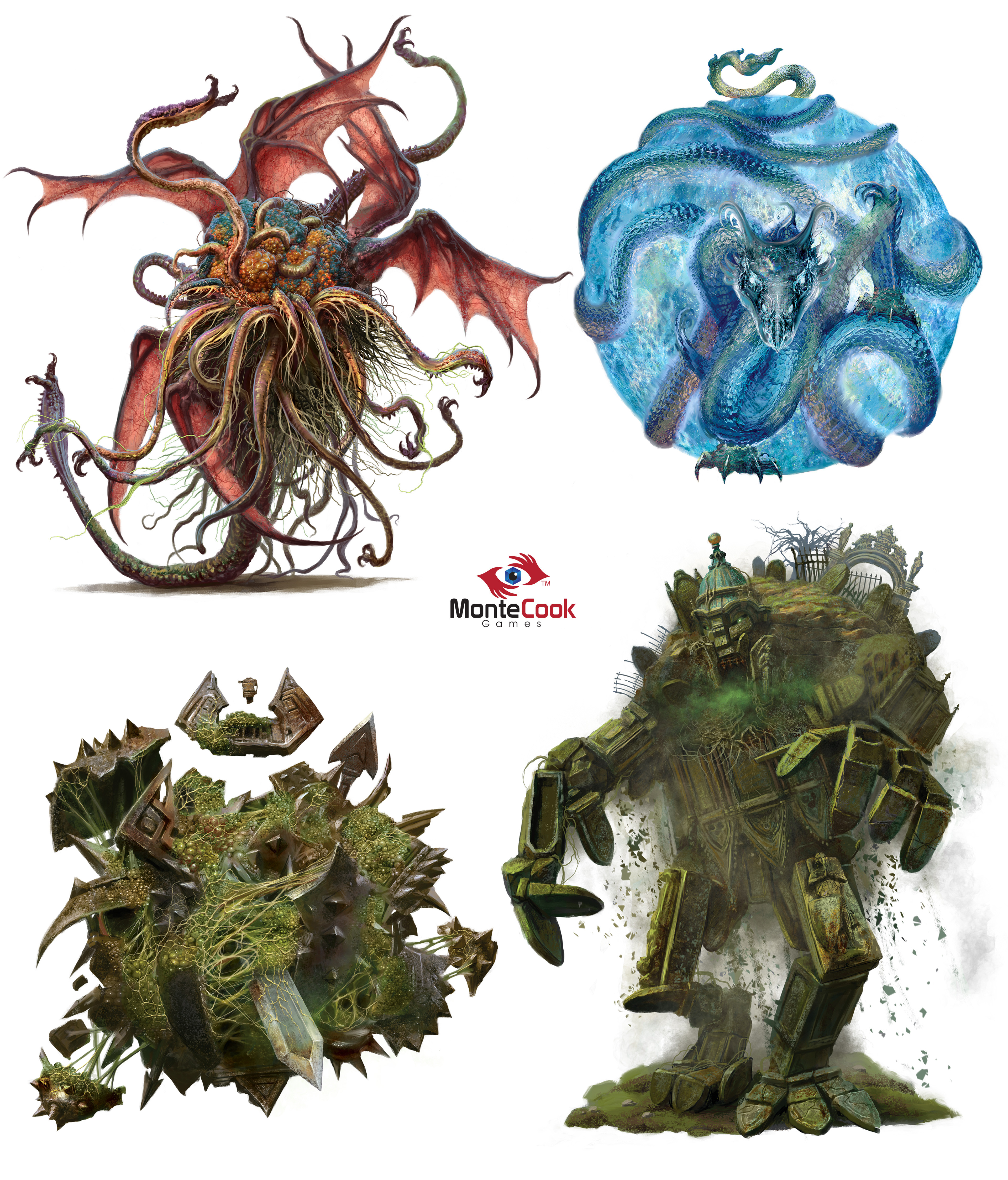 Clockwise from top left, Lahairon Mind Thief, Dwimmershrike, Headstone Golem, Festering Amnic.