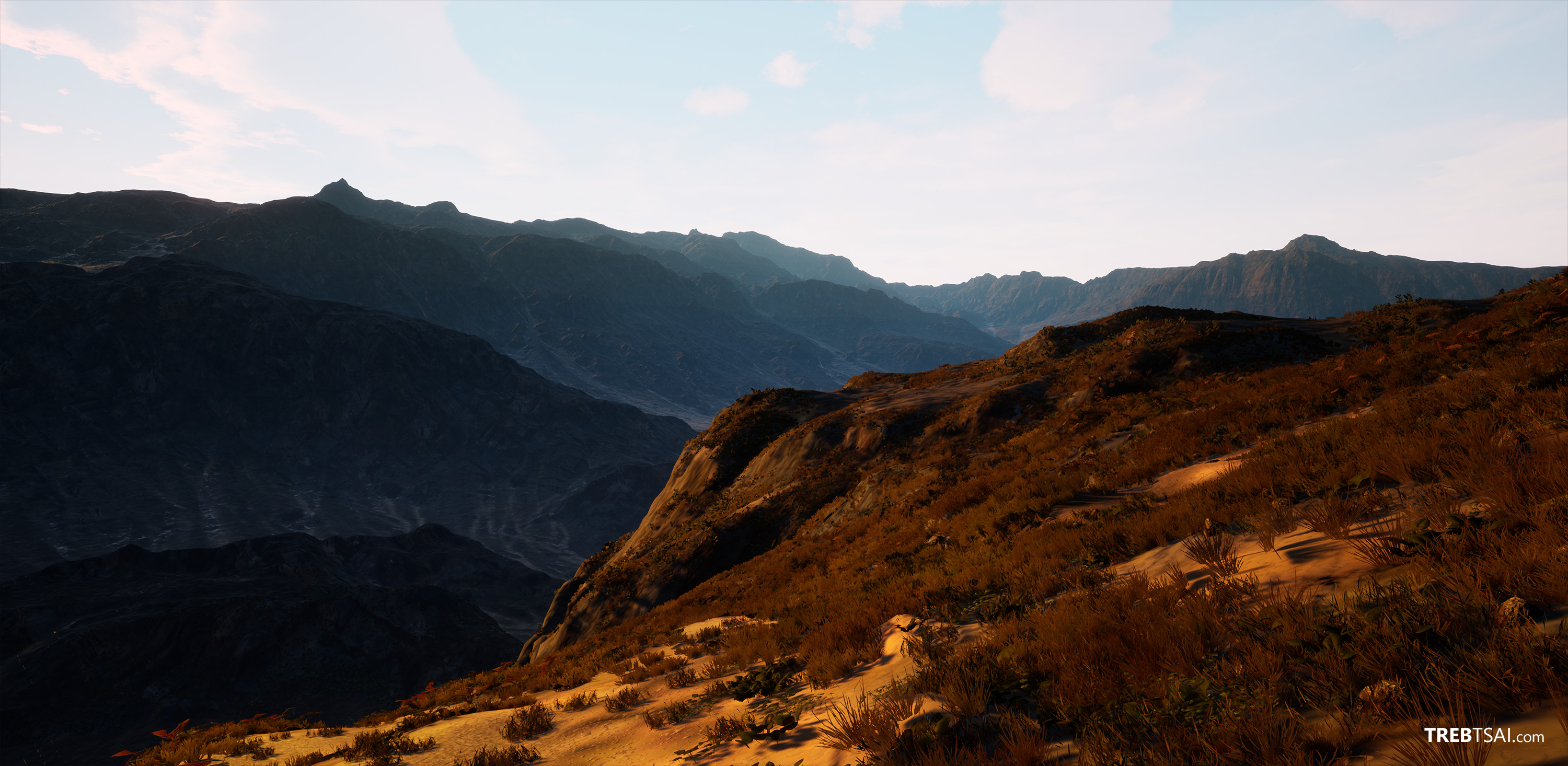 In these examples, the data masks created for this Heightmap are used to paint and blend five landscape ground material layers from the Procedural Landscape Ecosystem (PLE) inside of Unreal Engine.