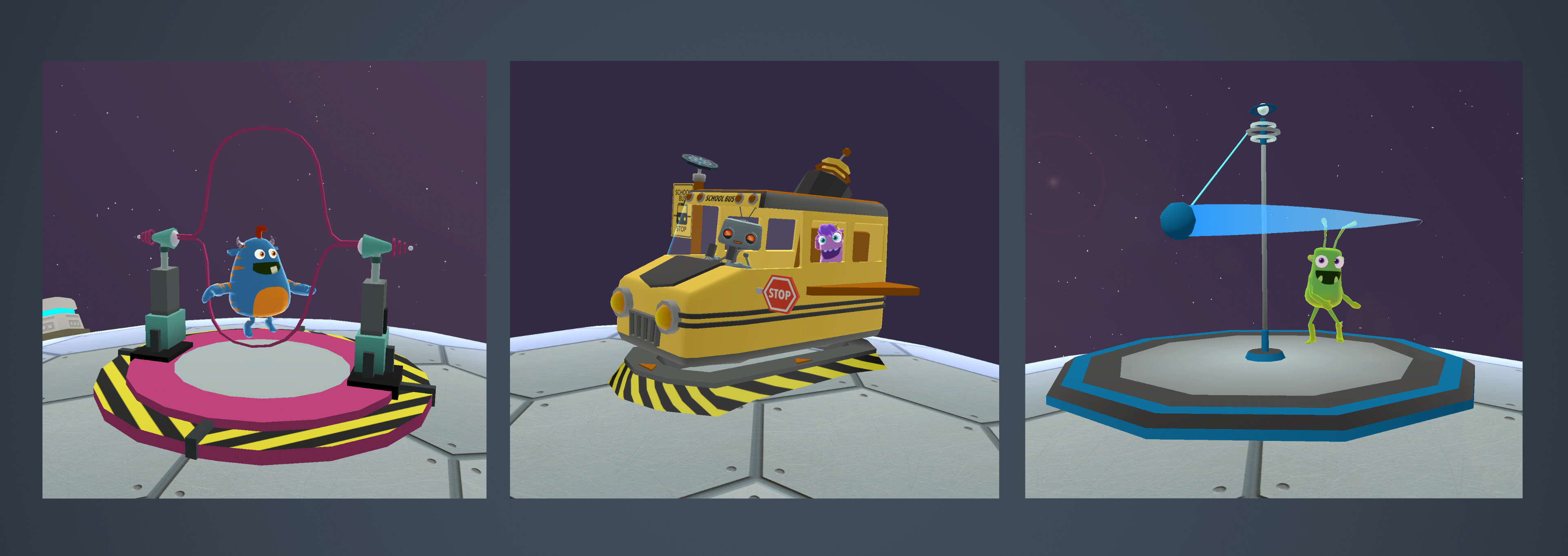 Back To School props for Starbase MathTango: binary double jumper, cosmic school bus, and the atomic tether ball