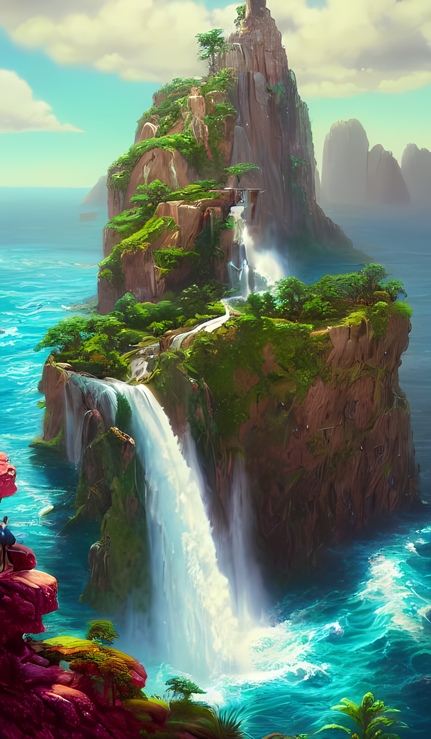 Fantasy island with waterfalls. 3d illustration. Elements of this image  furnished by NASA generative ai 22653879 Stock Photo at Vecteezy