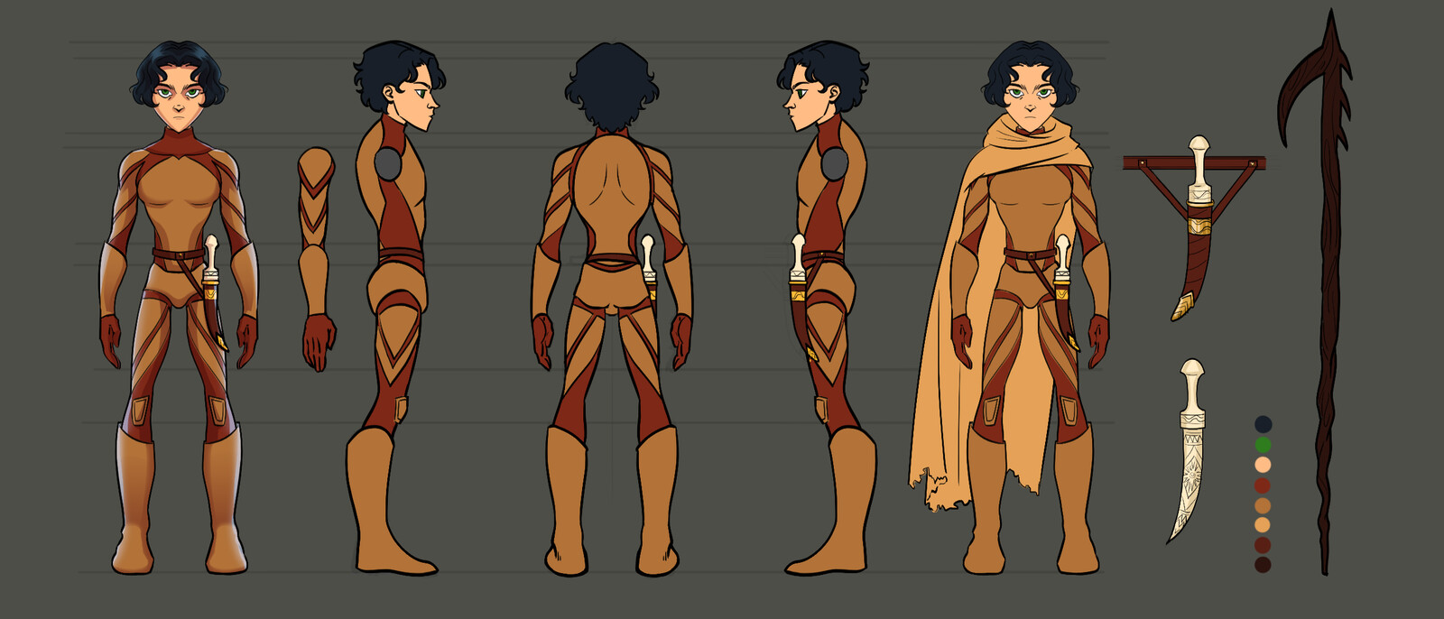 Then I move to on costume details, including the choice of materials. Finally, do a detailed turnaround of the character.