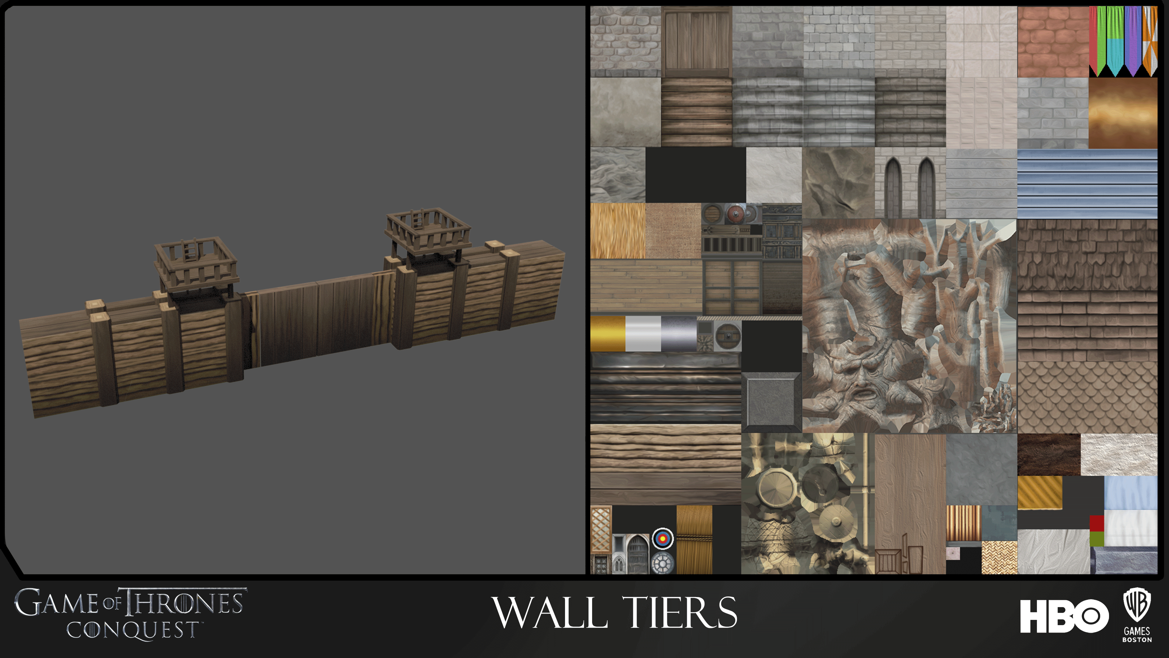 The Atlas seen here is a 1024 used on all buildings. I modeled, textured, UV'd, and baked all wall tiers. The atlas was a combined effort by all artists on the project.