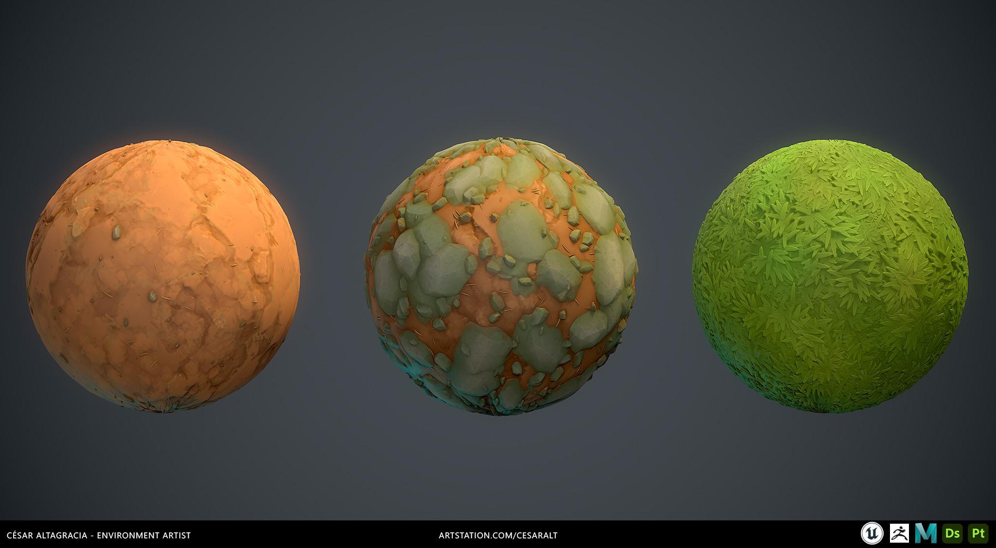Materials sample. Tiling materials created with Substance designer, custom materials in Substance Painter.