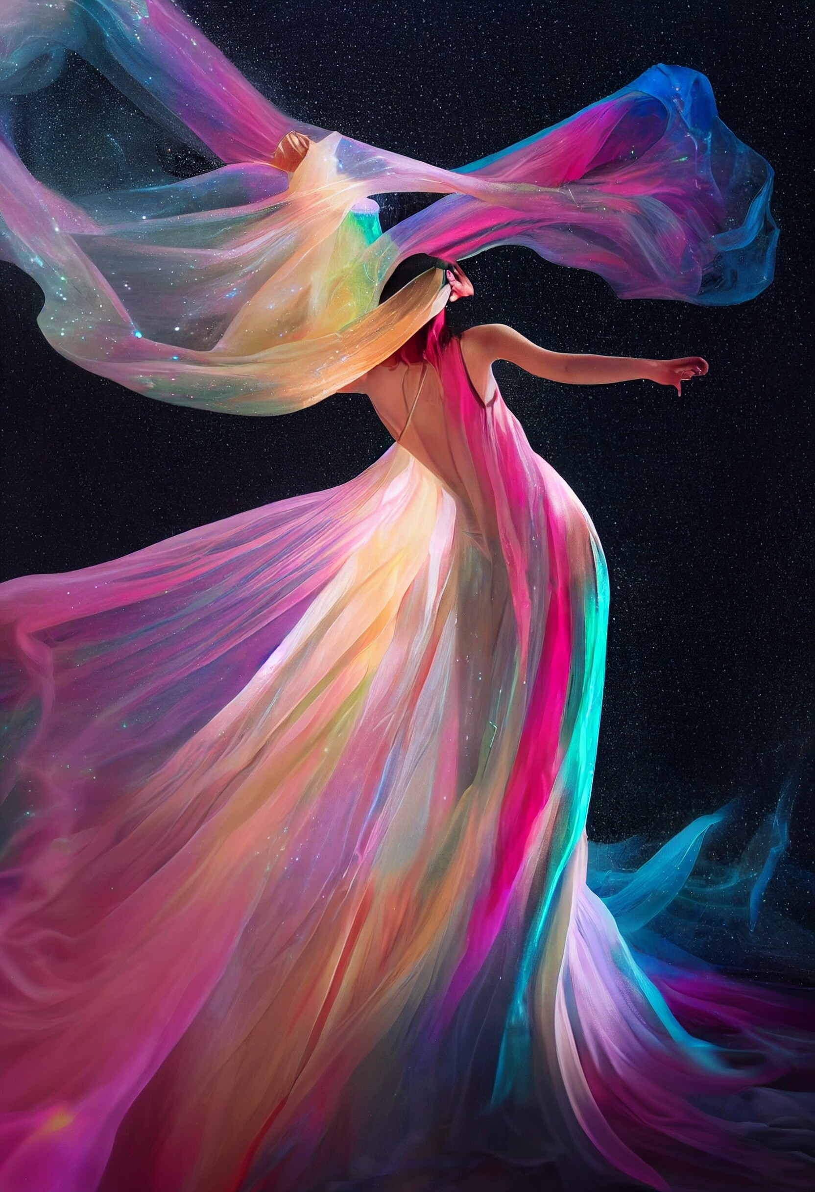 Mistral - A dancer in silk lobe floating in a fantasy world - Midjourney