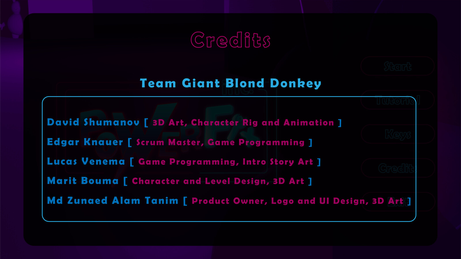 Team Credits PopUp screen in Main Menu