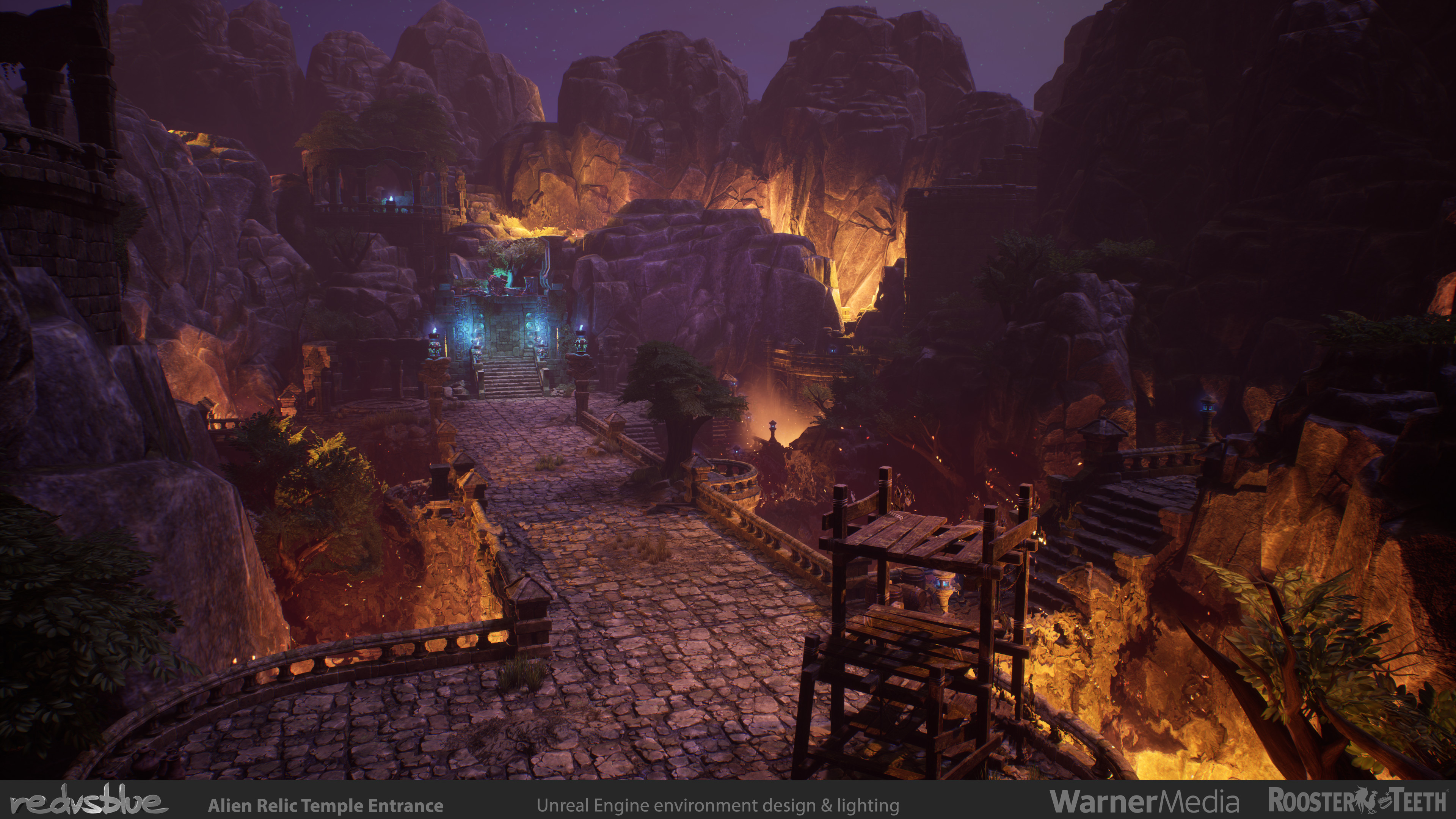 RvB: Zero - Alien Temple Exterior - Set originally designed in-house from marketplace purchases, I revamped set dressing and did all lighting, post processing, and performance enhancements from scratch.  Made a custom Blueprint for lava light pulsing!