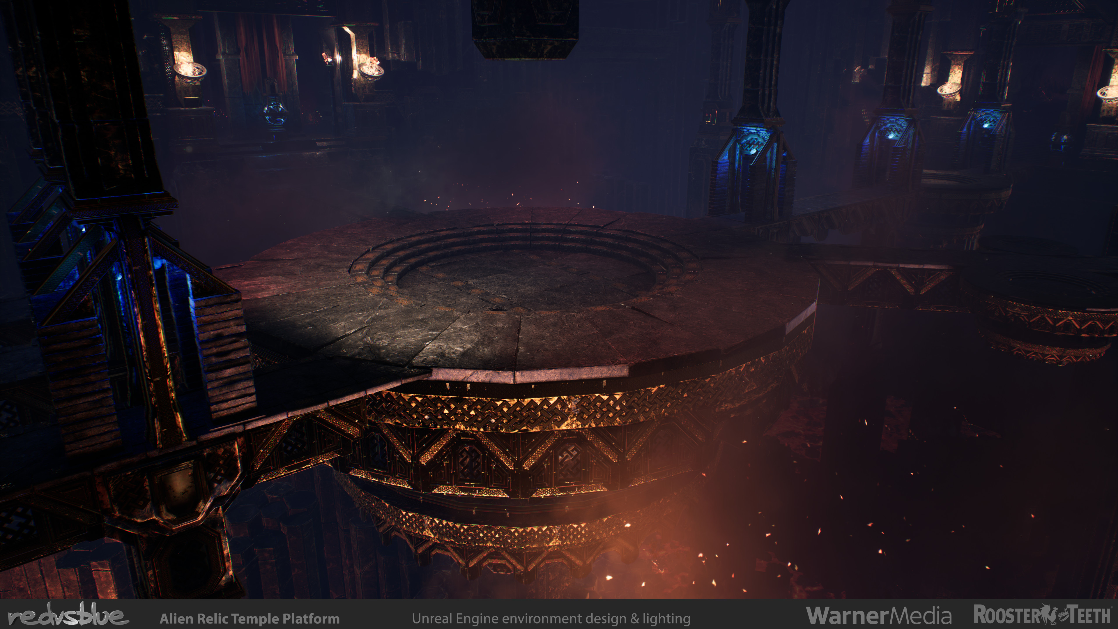 RvB: Zero - Alien Temple Platform Chamber - Main structure based off a Marketplace pre-made per the Director's wishes, from which I heavily customized the space with set dressing and did all lighting and post processing from scratch.
