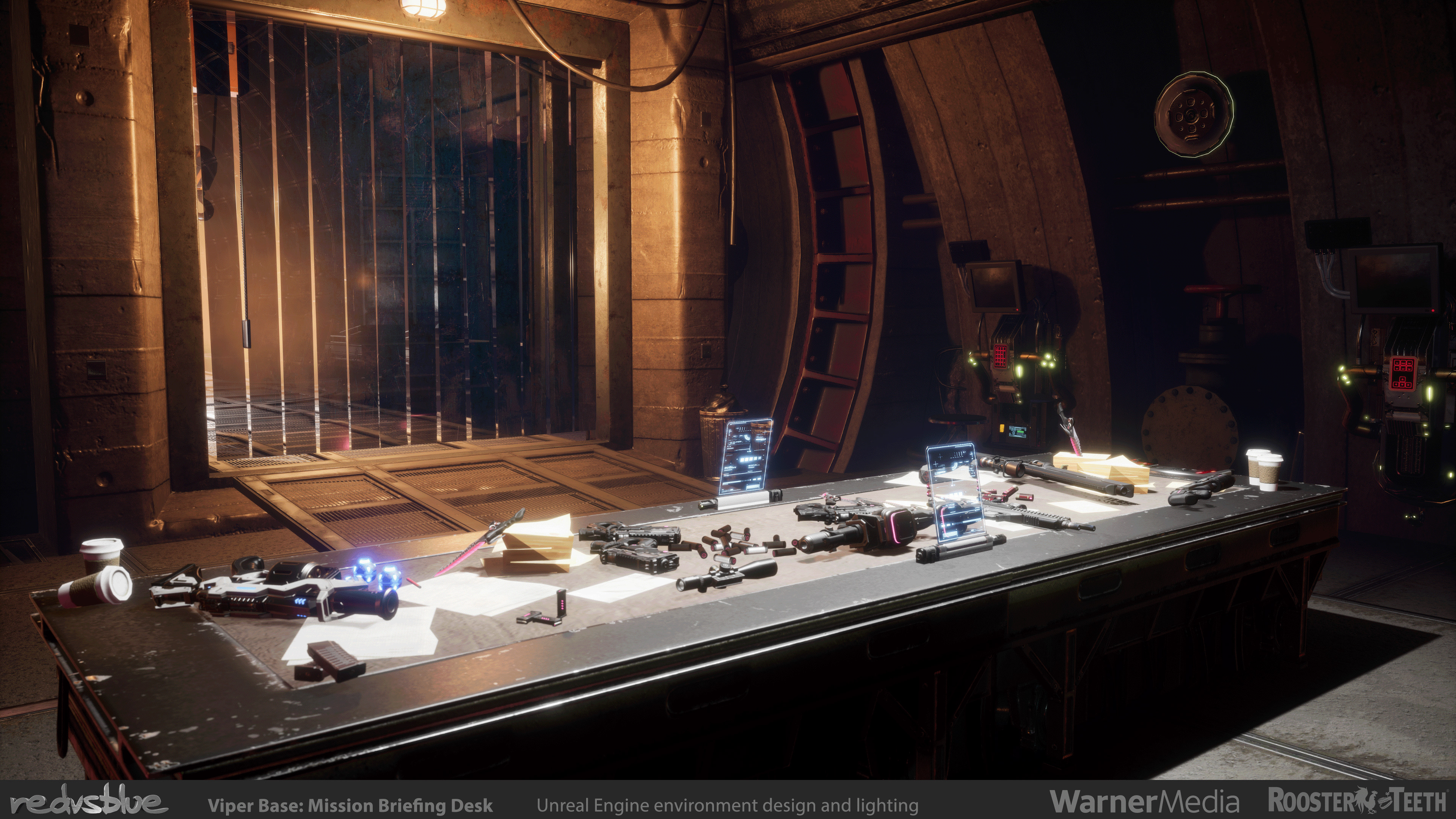RvB: Zero - Viper Base Situation Meeting Table - The main area of character focus for the series season, this table would change prop layout dependent on scenes.  A neutral overhead surrounded by more saturated colors for visual interest.
