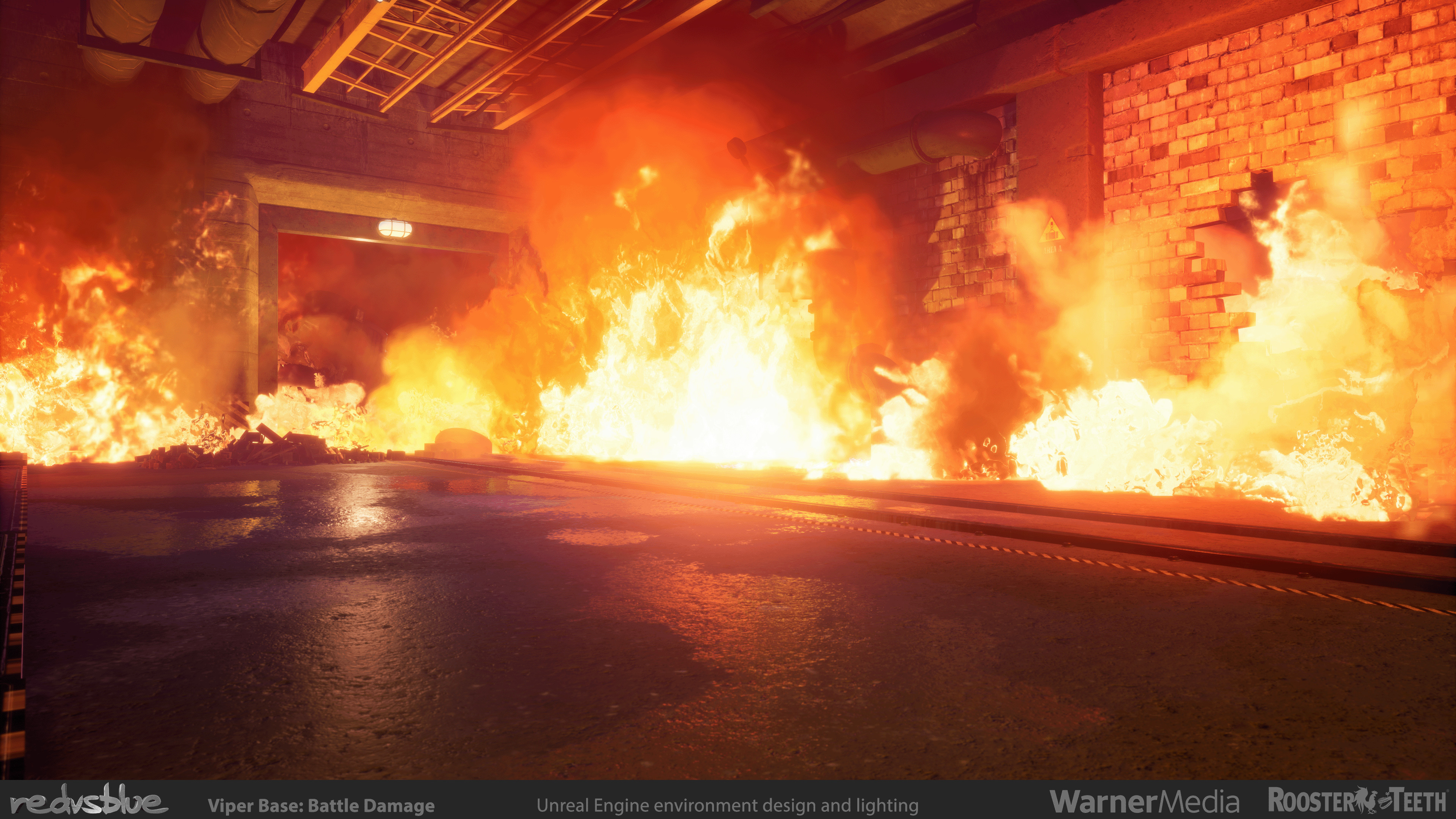 RvB: Zero - Viper Base Damaged - A fight has caused a huge fire to break out in the base, leading to this impromptu fire encircled arena!  Unlike the main room, this is based off a pre-built space, not custom, since it had limited screen time planned.
