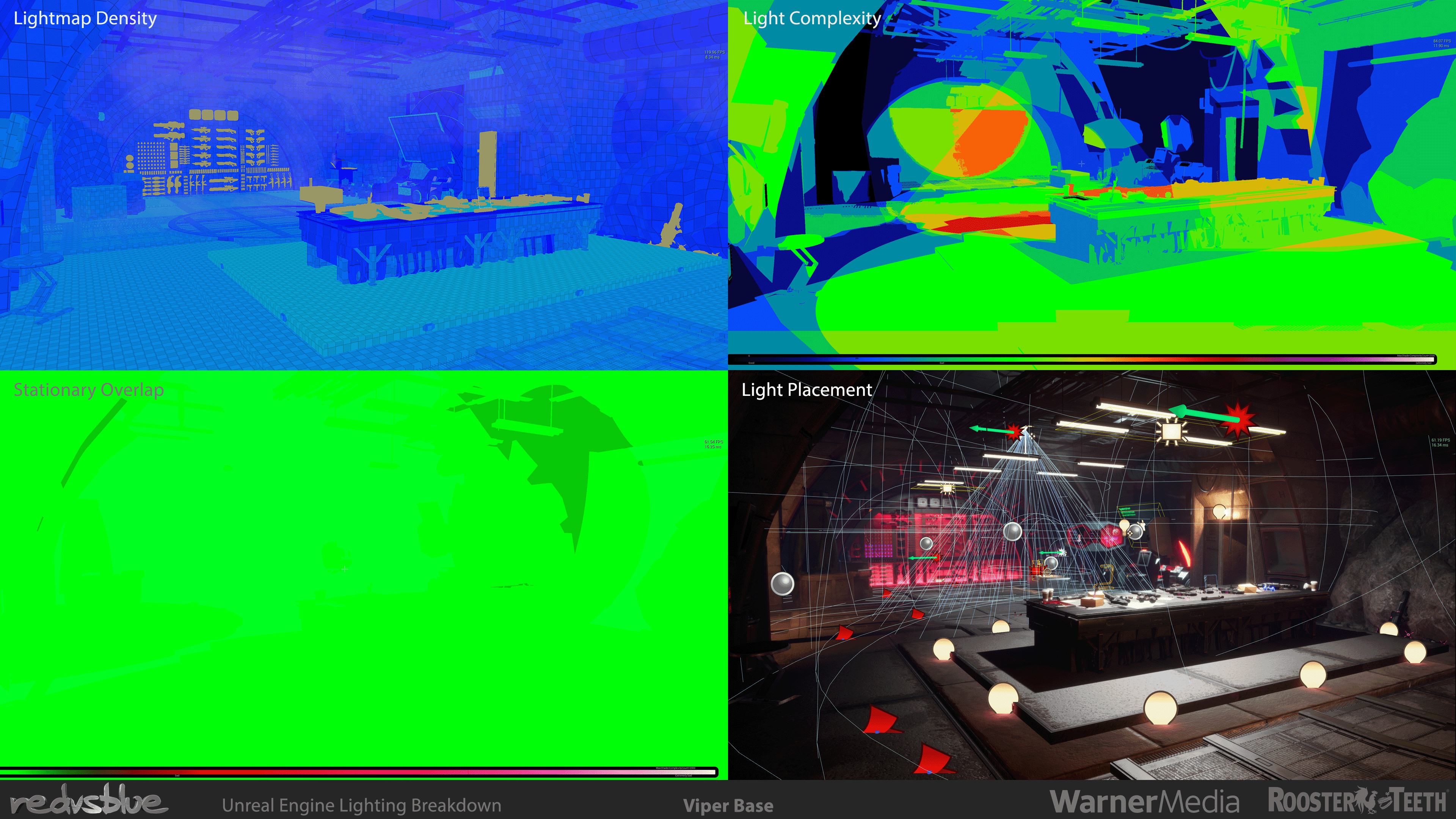 Lighting Breakdown for Viper Base - Performance optimizations and light placement, targeting 60fps for cinematic output. A mix of static, stationary, &amp; mobile lights with density focused on key acting areas of the room.