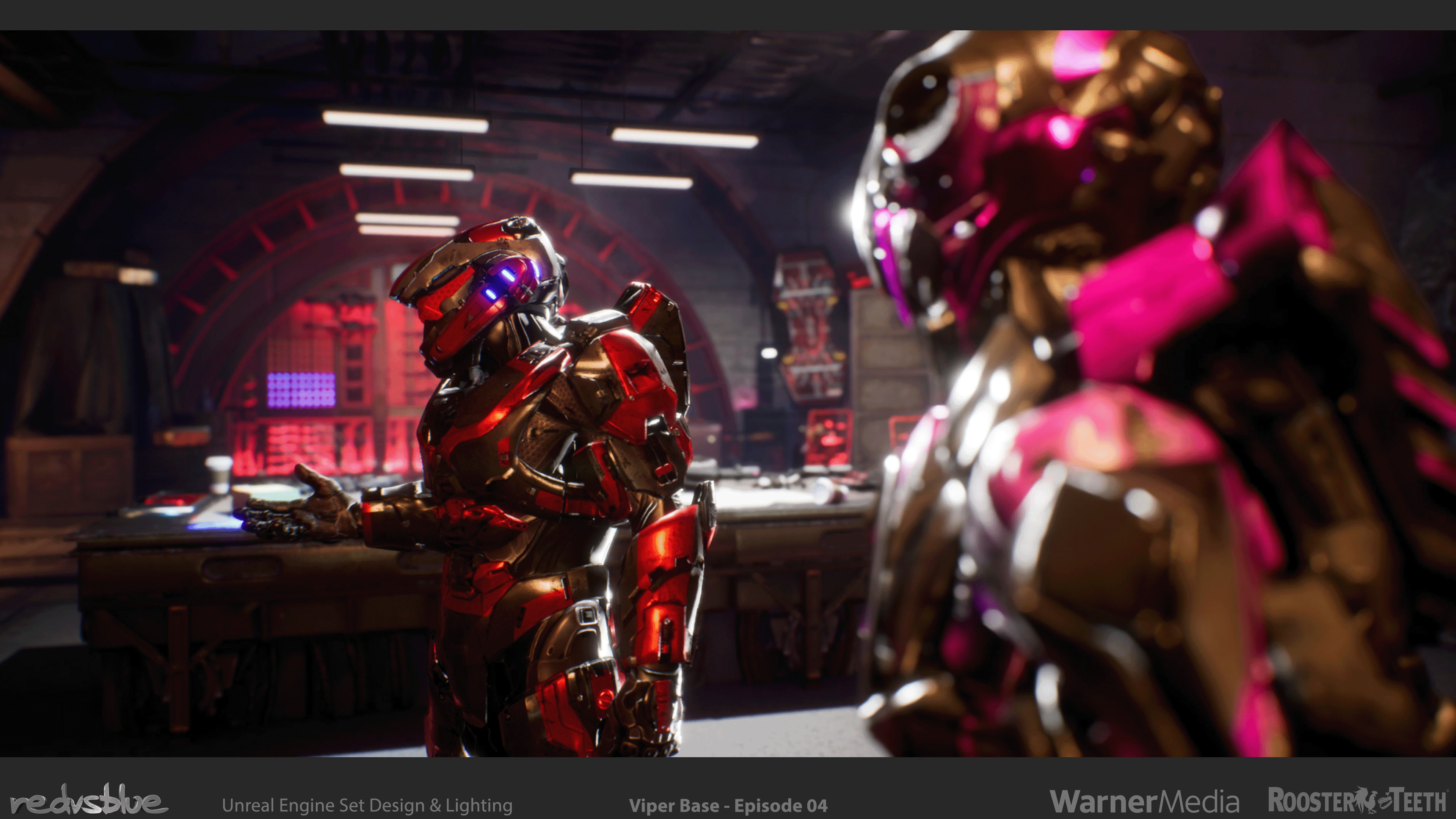 A still featuring Viper Base from Red vs Blue: Zero - Episode 04.   Harsh, bright rims and lens flares were a common visual element sought by creative.  Shot lighting and setup by myself.