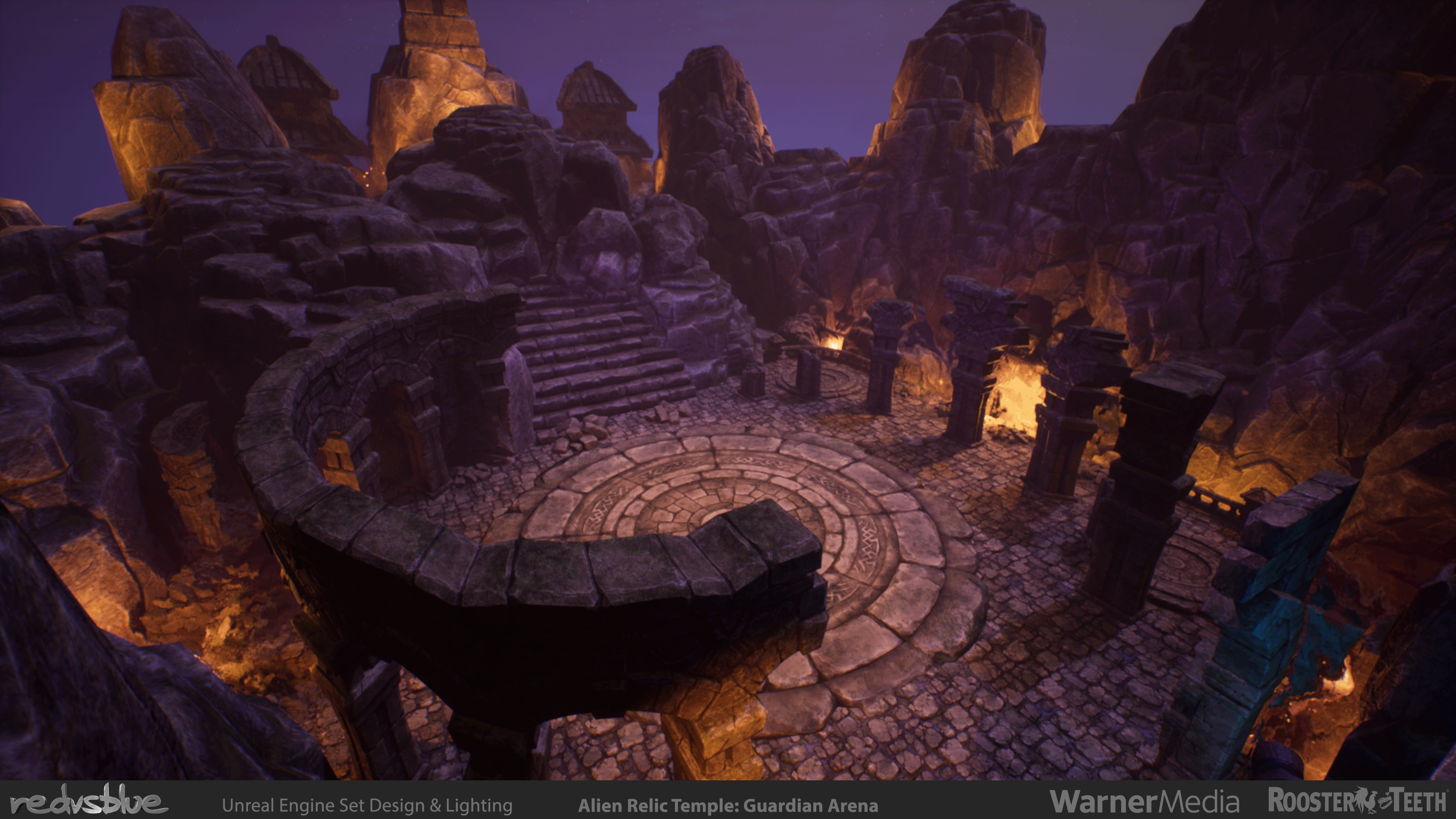 RvB: Zero - Alien Temple Guardian Arena - A custom area I put together based on the entrance assets; an area ringed by lava for a fight with a humongous Temple Guardian. Lit by myself to match stylistically with the previous area as they are connected.