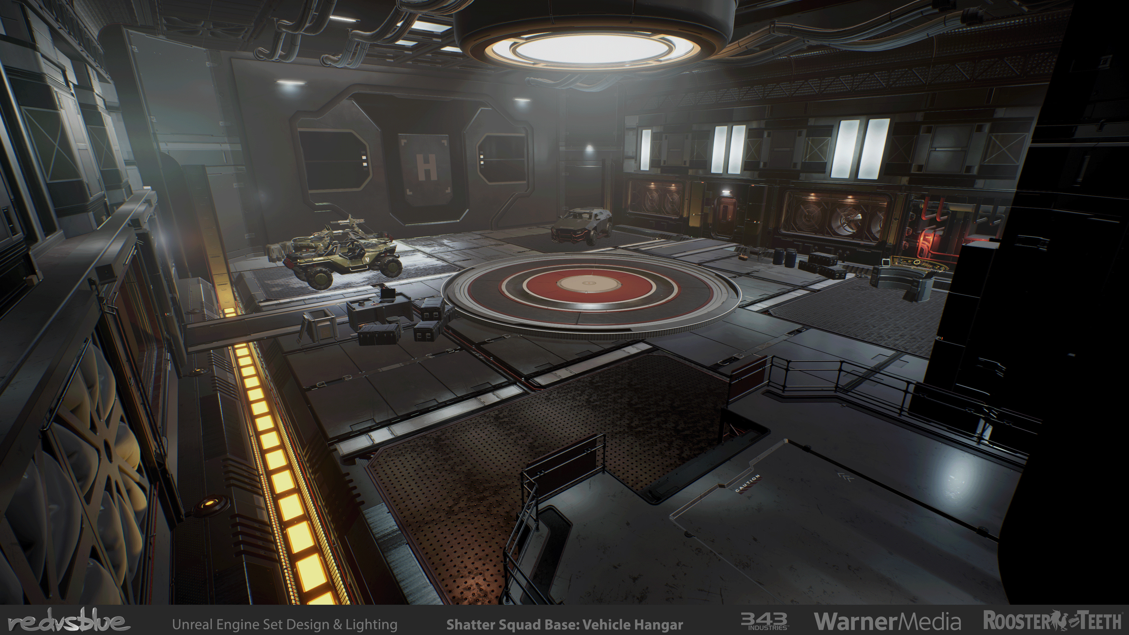 Shatter Squad Base: Vehicle Hangar Overview - A slightly brighter and less fog saturated lighting than the normal look for the set, for a varied segment. Set overhaul, modifications, and lighting by myself.