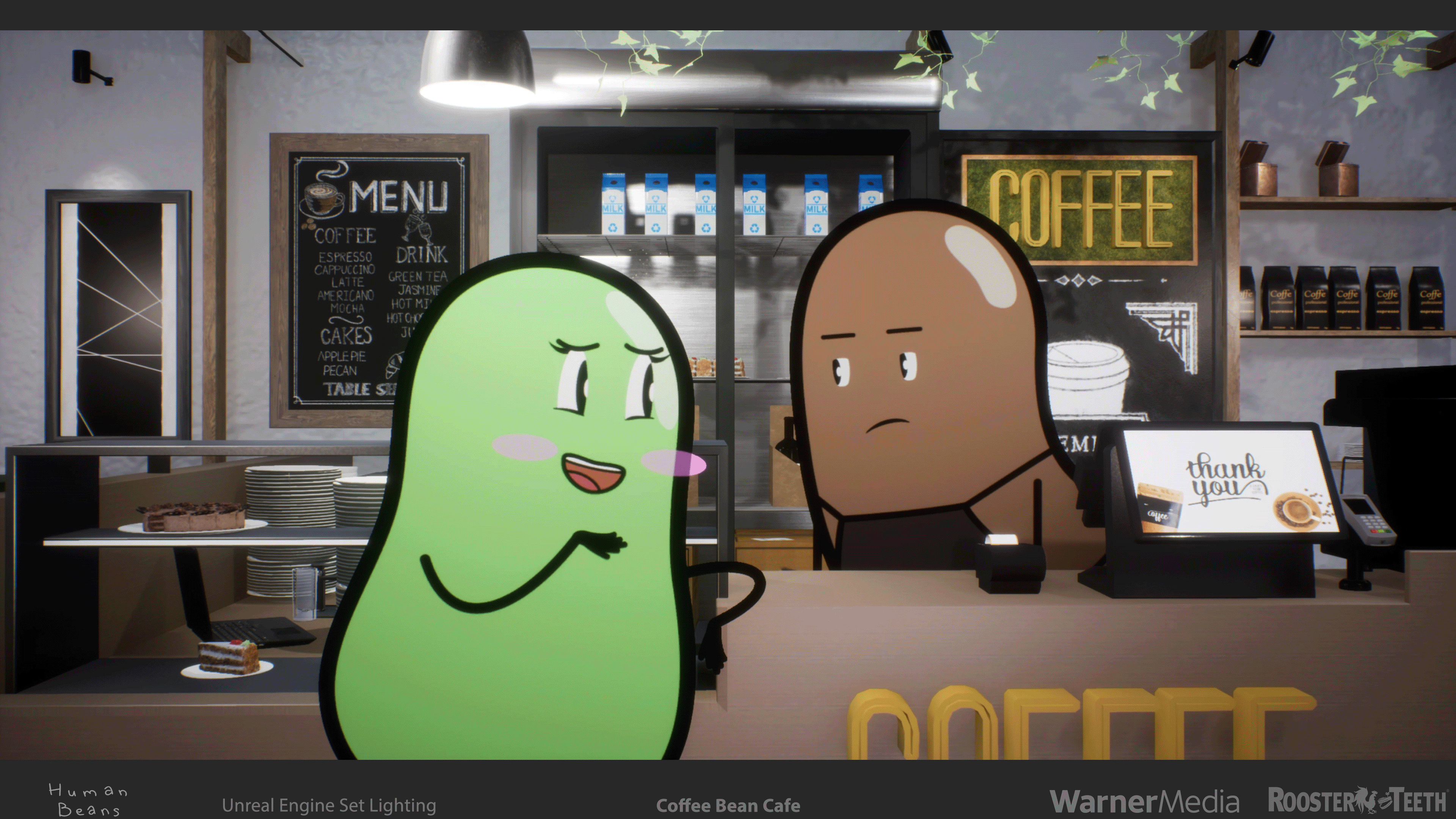 An example from Human Beans with two of the 2D characters in the environment.  They are physically in place using the Unreal flipbook system, not composited afterward, so that they provide shadows and reflections in world and pick up slight lighting.