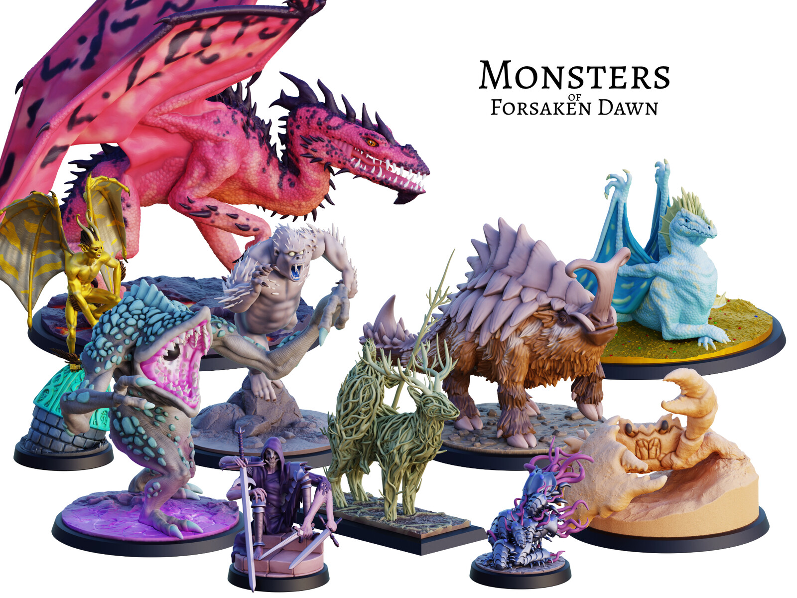 Full collection of the 10 printable monsters (Full Color): Dragon of Pain, Dragon of Arrogance, Gilded Devil, Sabru, Tremorlite, Hungering Horror, Wooden Knight, Sand Quirk, Harbinger of Despair, and Consuming Armor.
