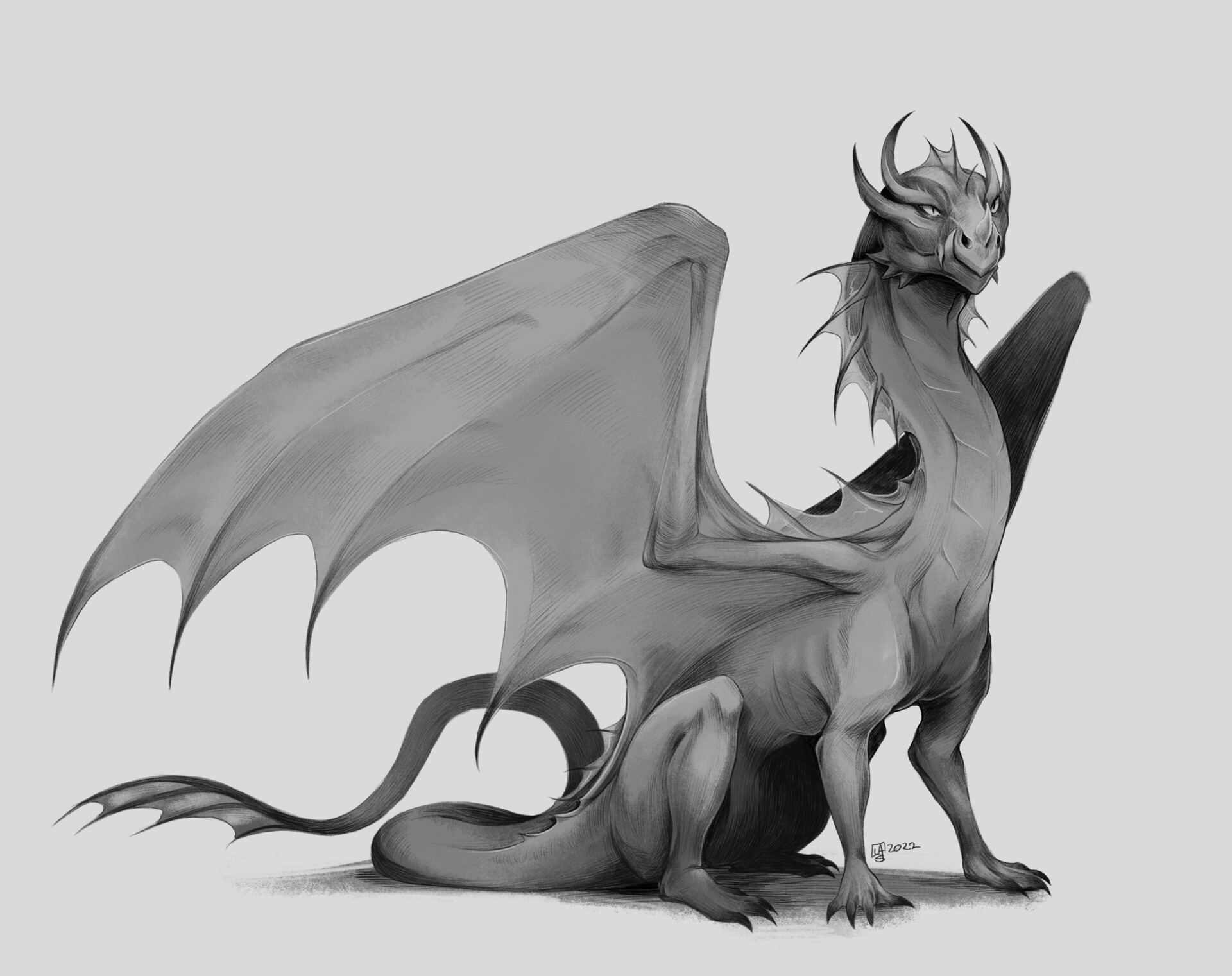 ArtStation Sitting grayscale dragon