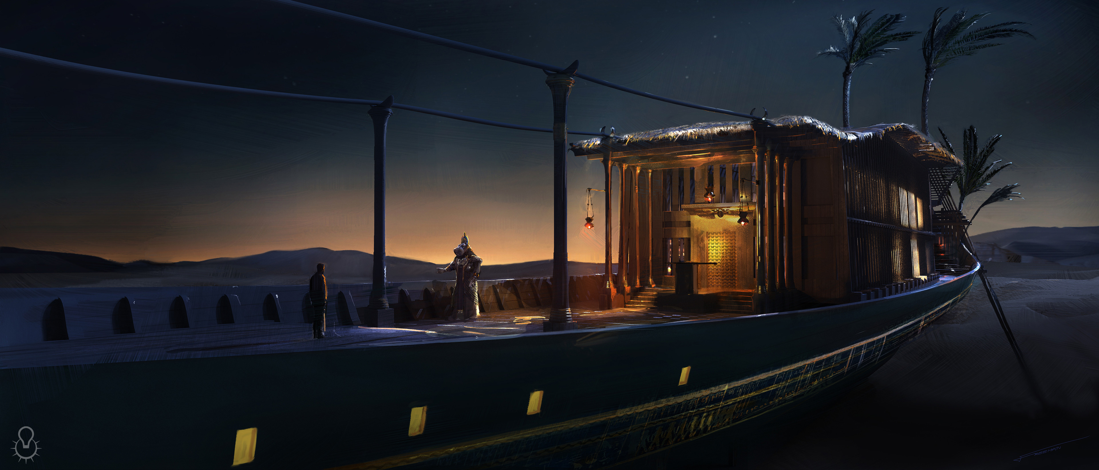 Closer study of the Barge bridge, looking at detailing (such as the golden doors) and lighting - both of the overall environment and of the barge itself.