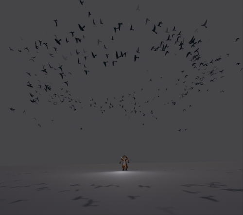 Crows set up similarly to the fish - no rigs. Animated with a shader.