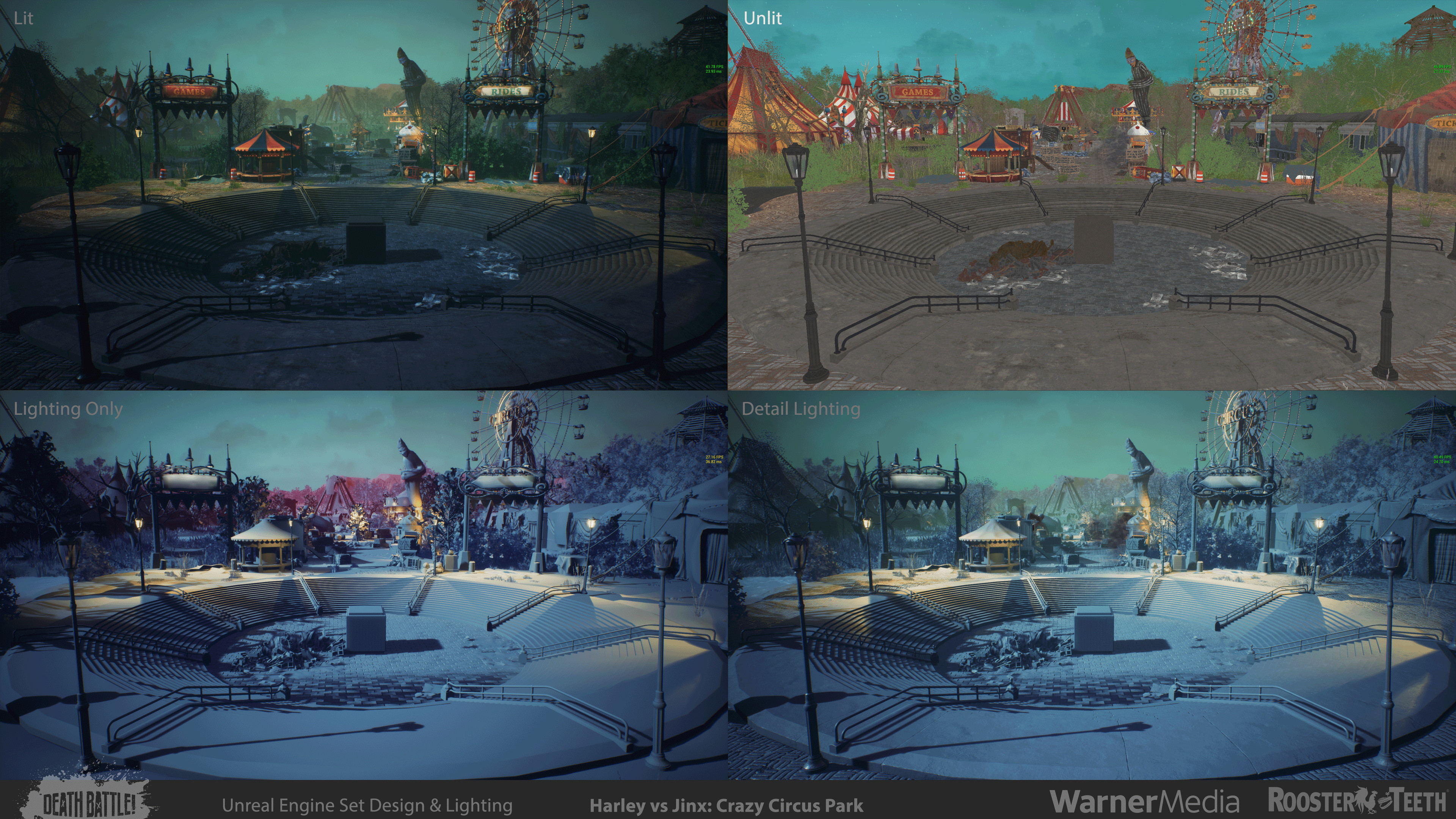 Basic lighting passes.  As the episode was to be rendered at a cinematic 24 fps, goal was to keep average frame rate around 40-60.