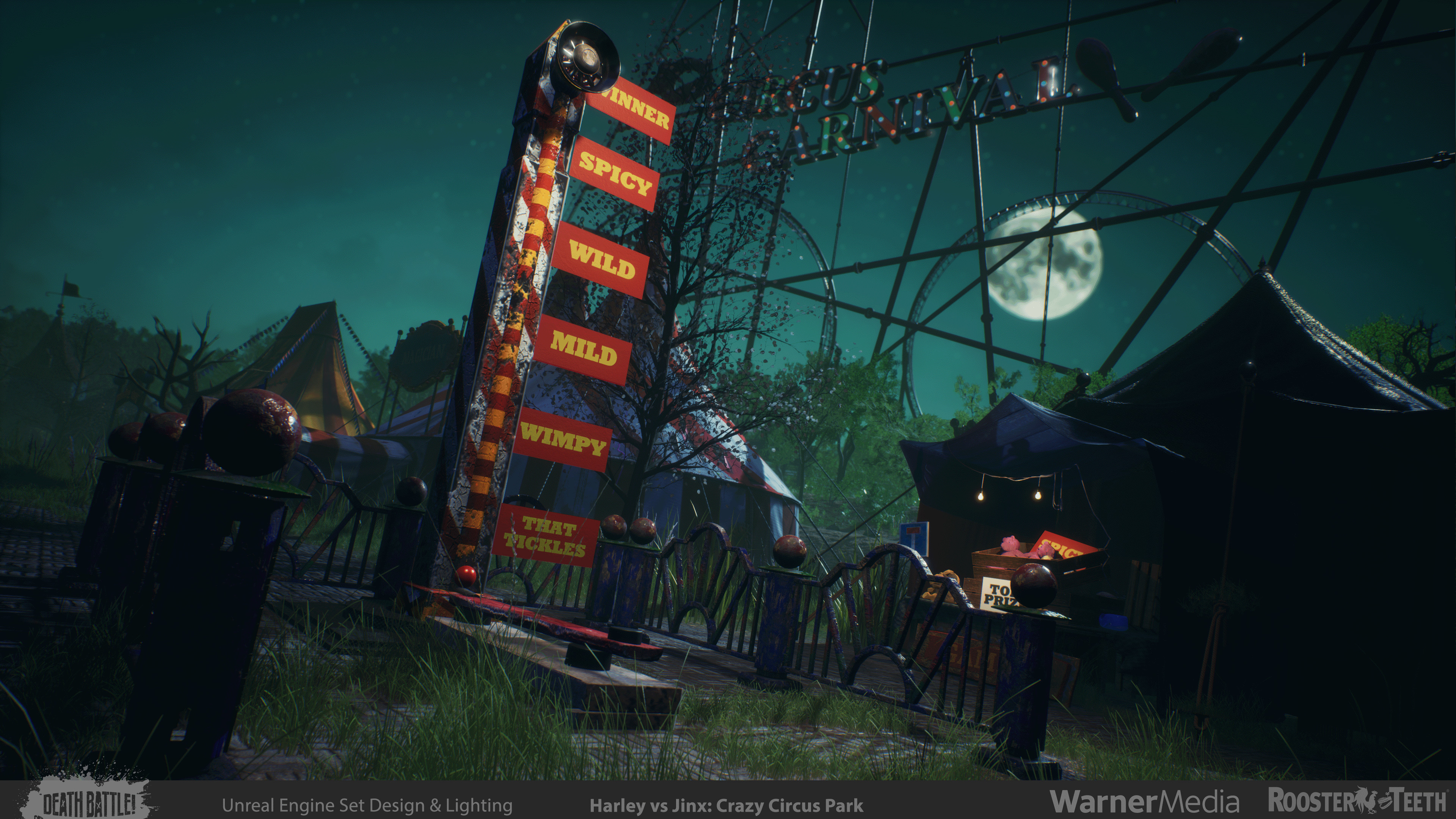 A High-Striker and prize tent created for key moments within the episode. Has a bit of stage lighting to help stand out within context of the shots themselves. Behind it is the roller coaster, a destructible environment element.