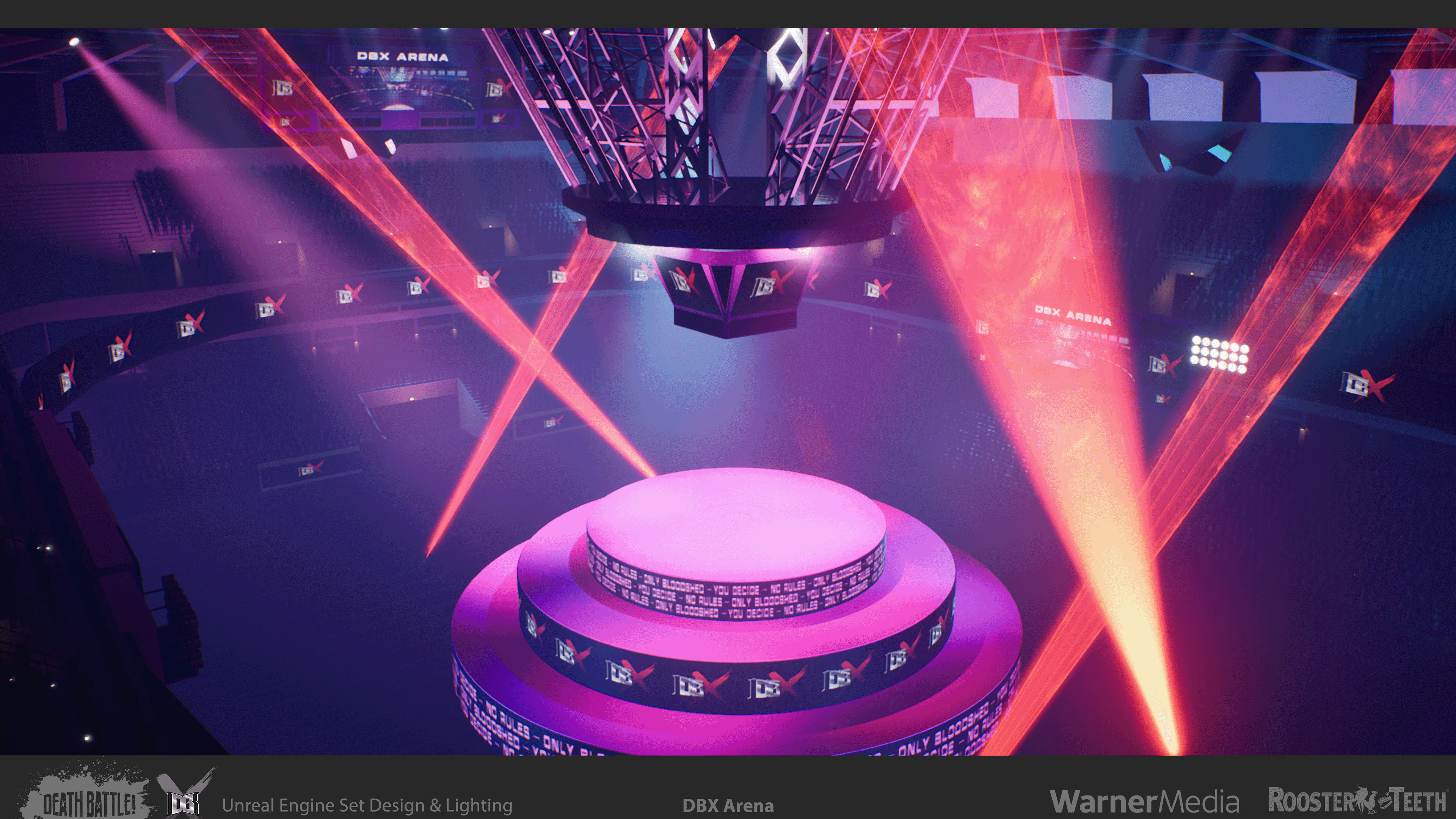 The DBX Arena. Originally designed and lit very simply, I've reworked everything with vibrant pinks, blues, and reds befitting the host!  Lasers and fog!! Crowds galore!!!