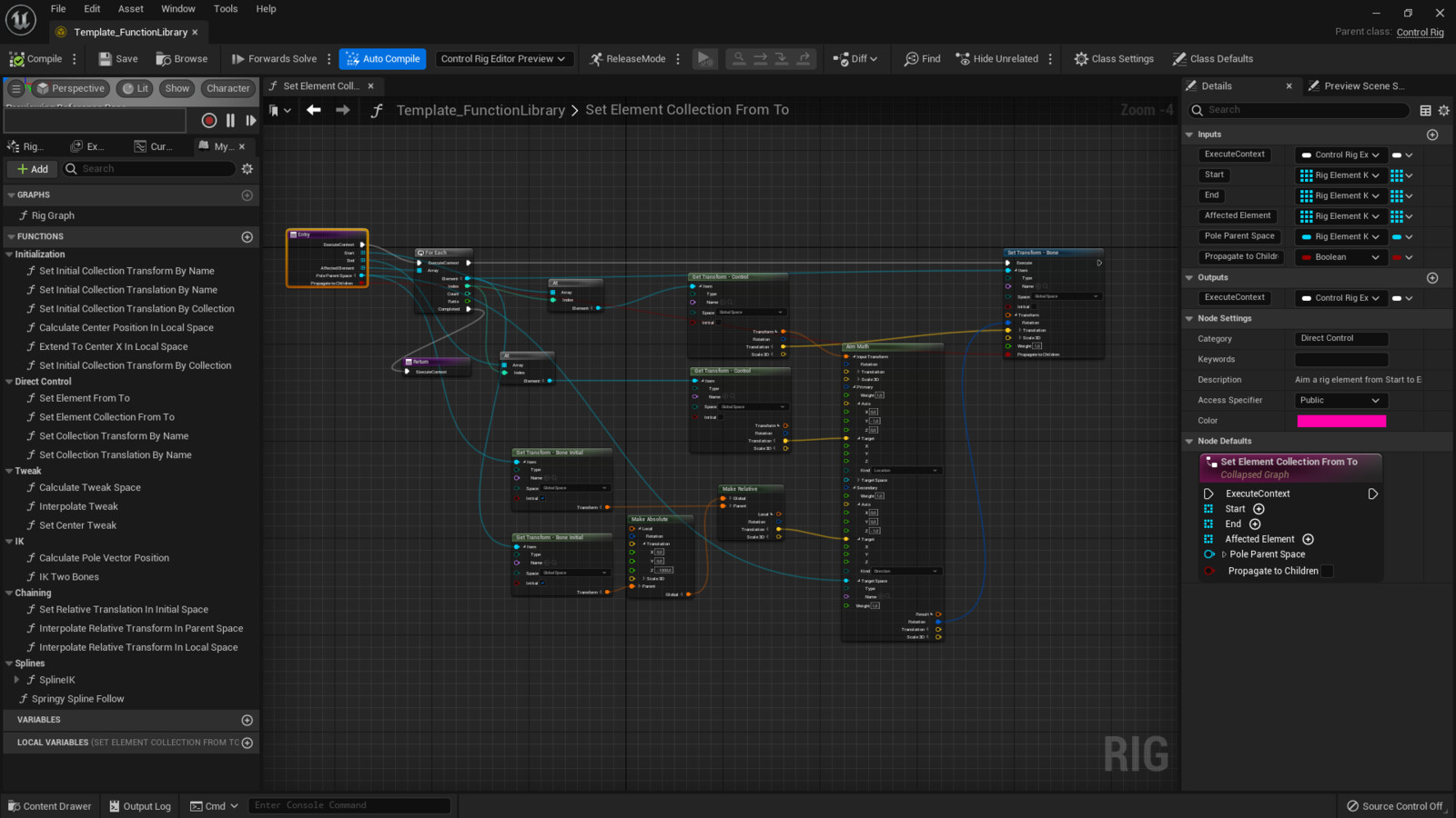 Unreal 5 allows for the creation of custom shared Control Rig functions. These greatly simplify and speed up the creation of new Control Rigs.