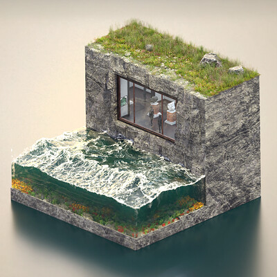 A rock exhibition inside a rock - 3D iso Art