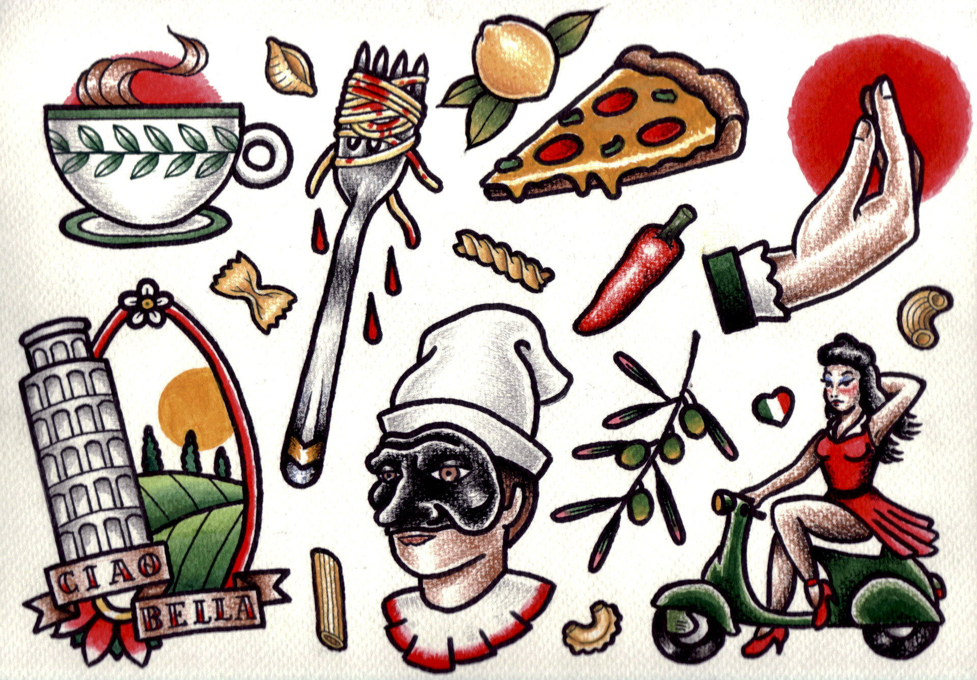 ArtStation - Oldschool traditional tattoo flash and italian stylized one ;), image size:1920x1338