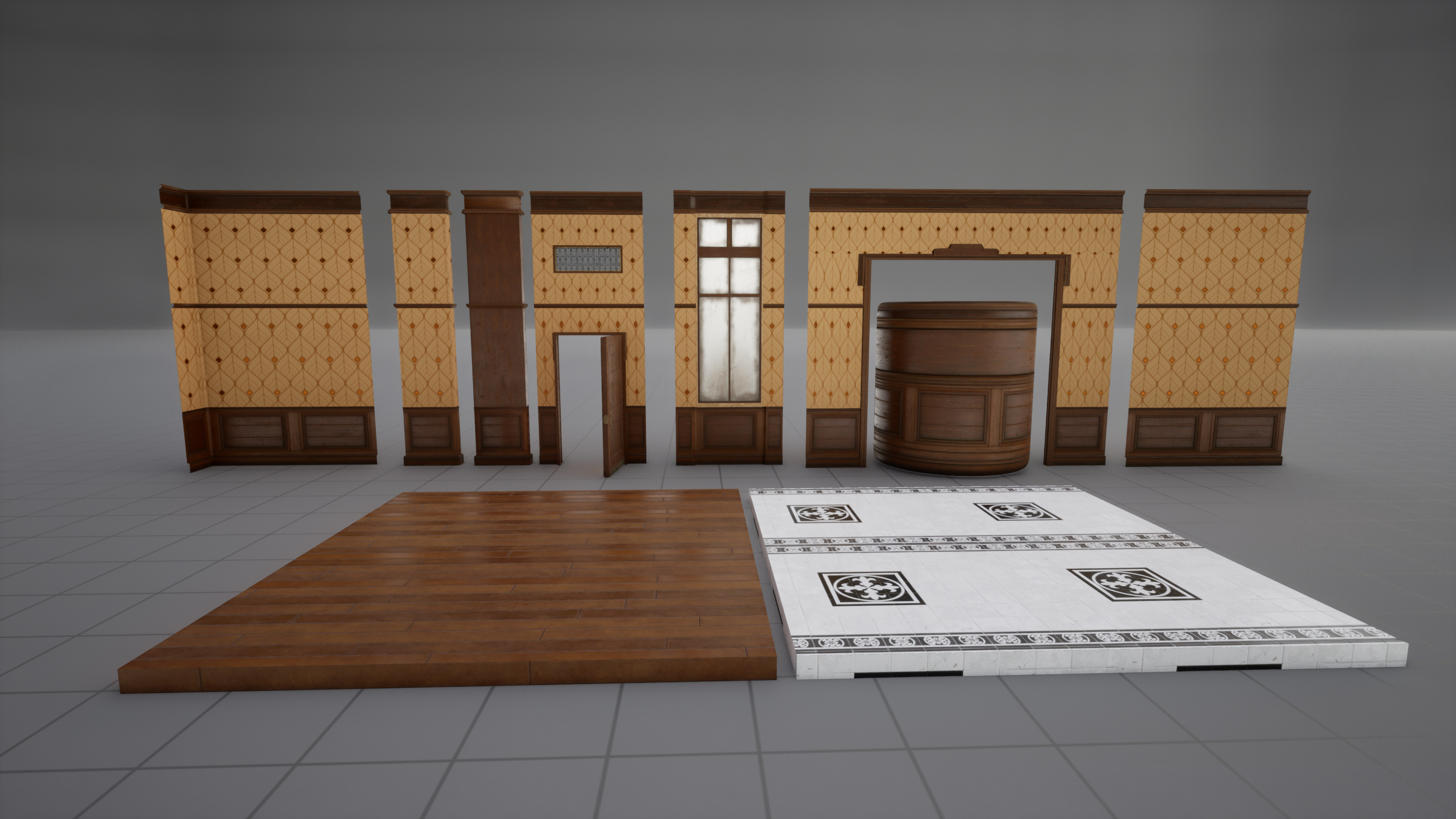 Breakdown of the modular assets and floor materials as well as a trimsheet used for the wood sections of the walls.