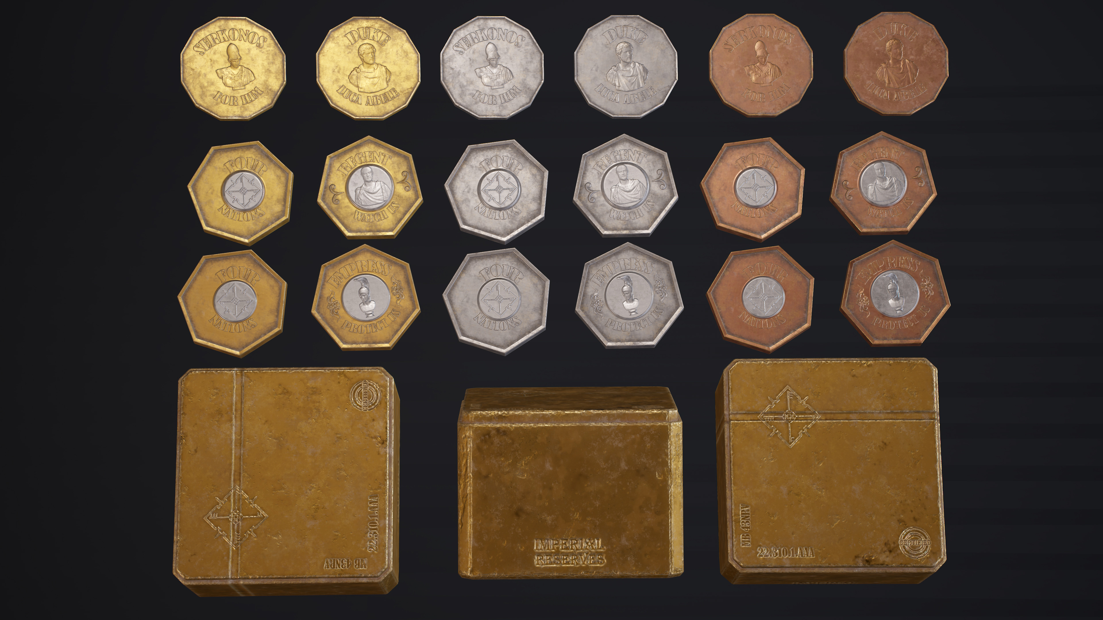 Close up render of coins and a gold bar.