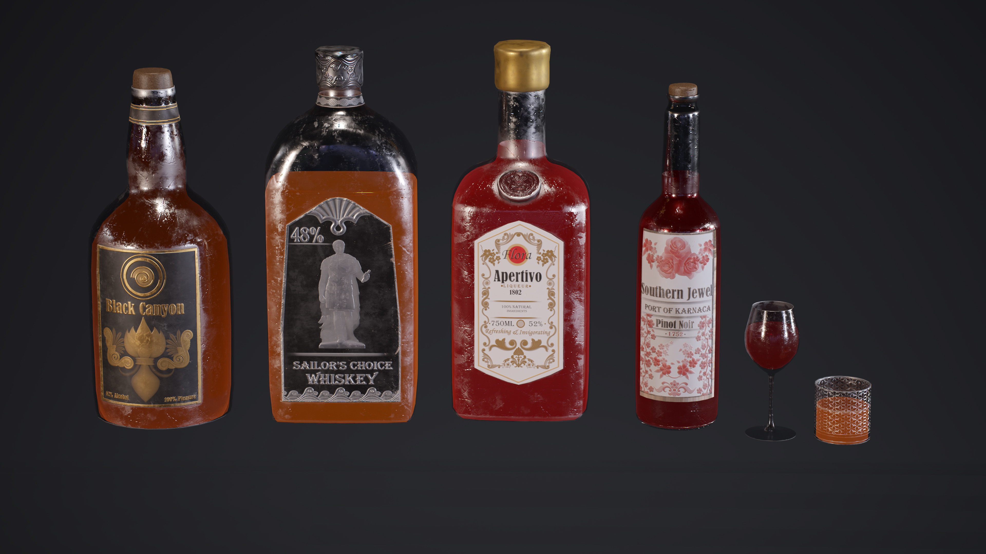 Close up render of some bottles as well as drinks.