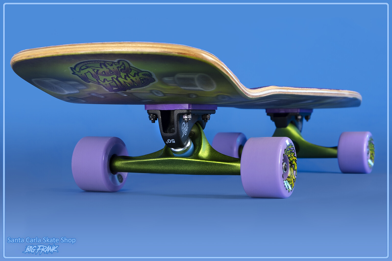 The Santa Carla Skateboards graphic was created in Photoshop and printed on water-slide decal paper