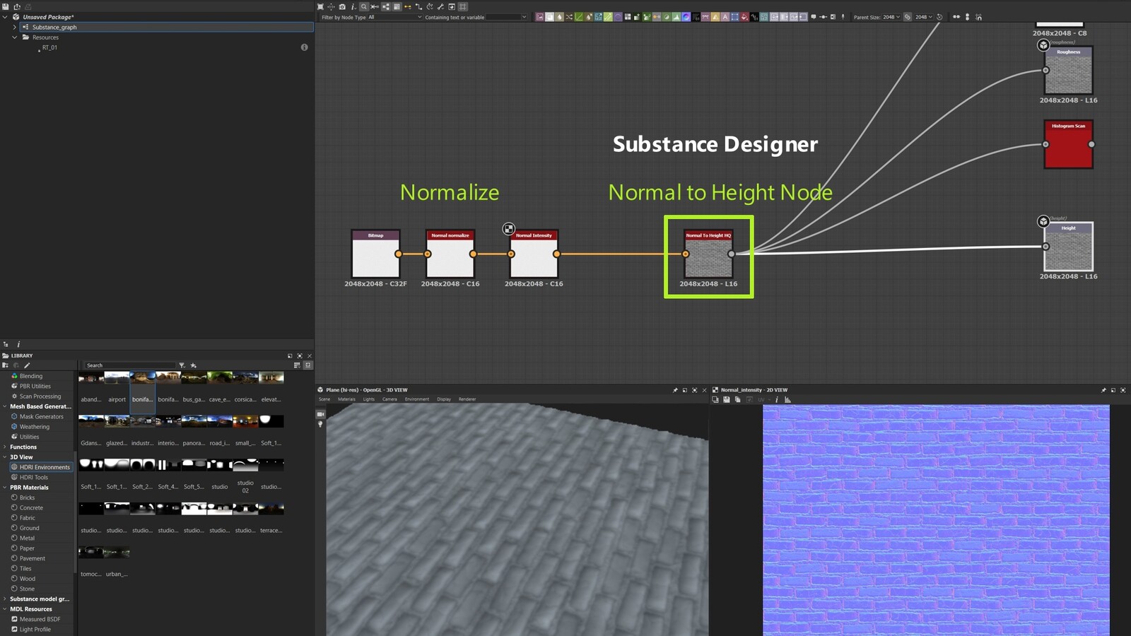 Once in substance designer use a normalized normal node and the normal to height (HQ) node.