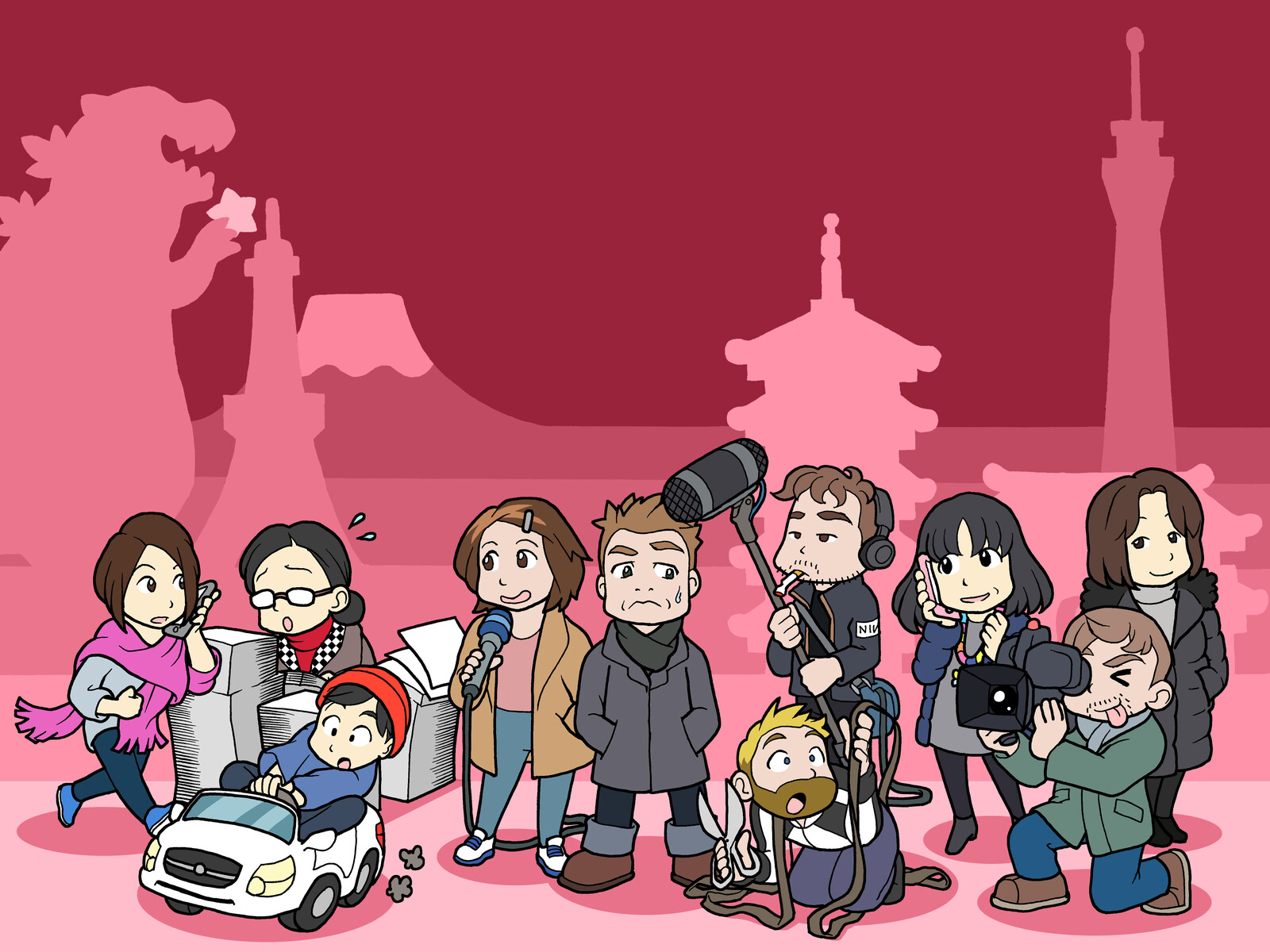 Illustration to the German TV crew in Tokyo. Published by ARD German Radio & TV.