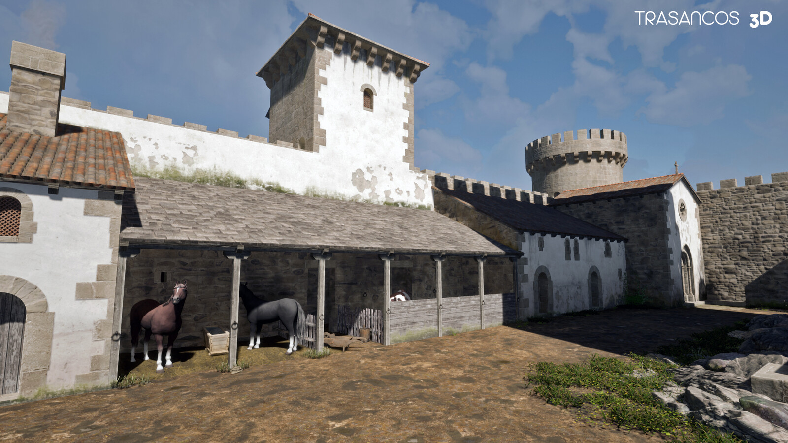 Rocha Forte castle. Final rendering view of stables and interior outbuildings