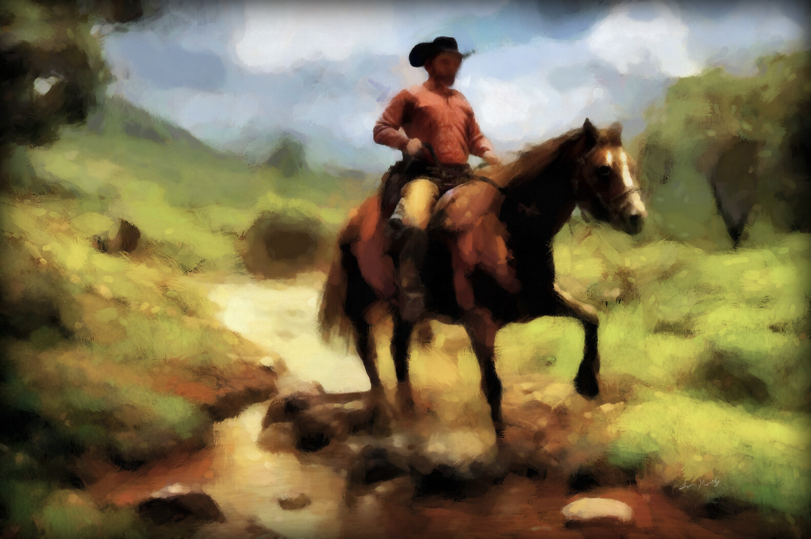 Digital painting of "Horse Trail on Sandy Creek" available in large prints.