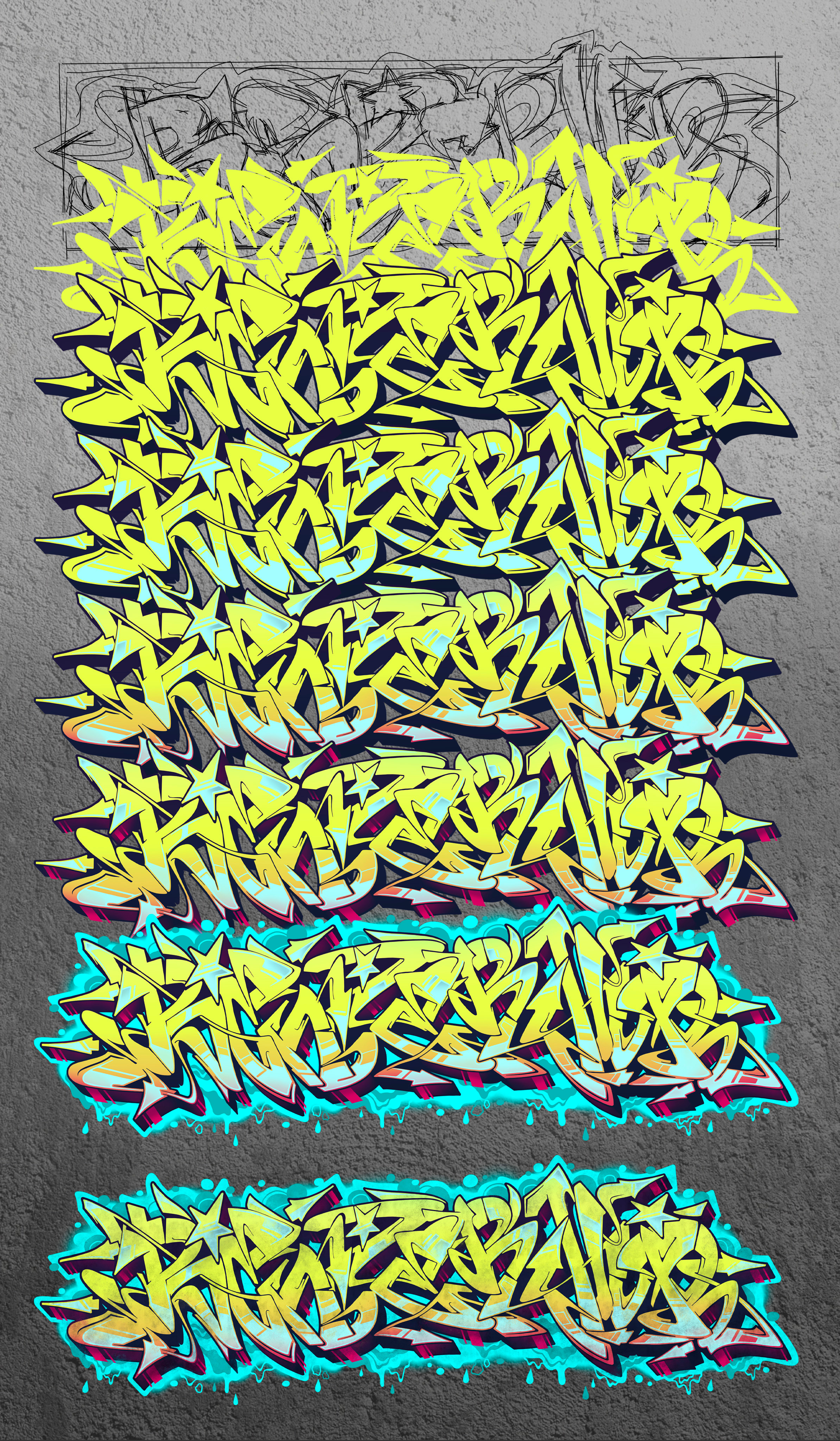 Work In Progress: Intermediate stages of work on graffiti, up to the final version.